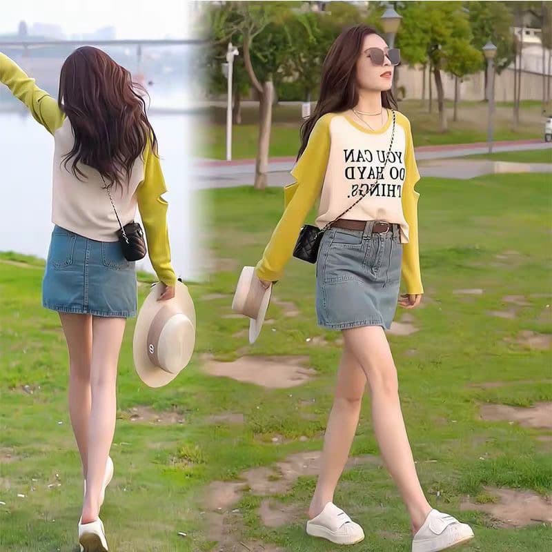 작은 하우스 작은 키 맞춤 봄 새로운 패치워크 패치워크 색상 알파벳 맨위 긴팔 T