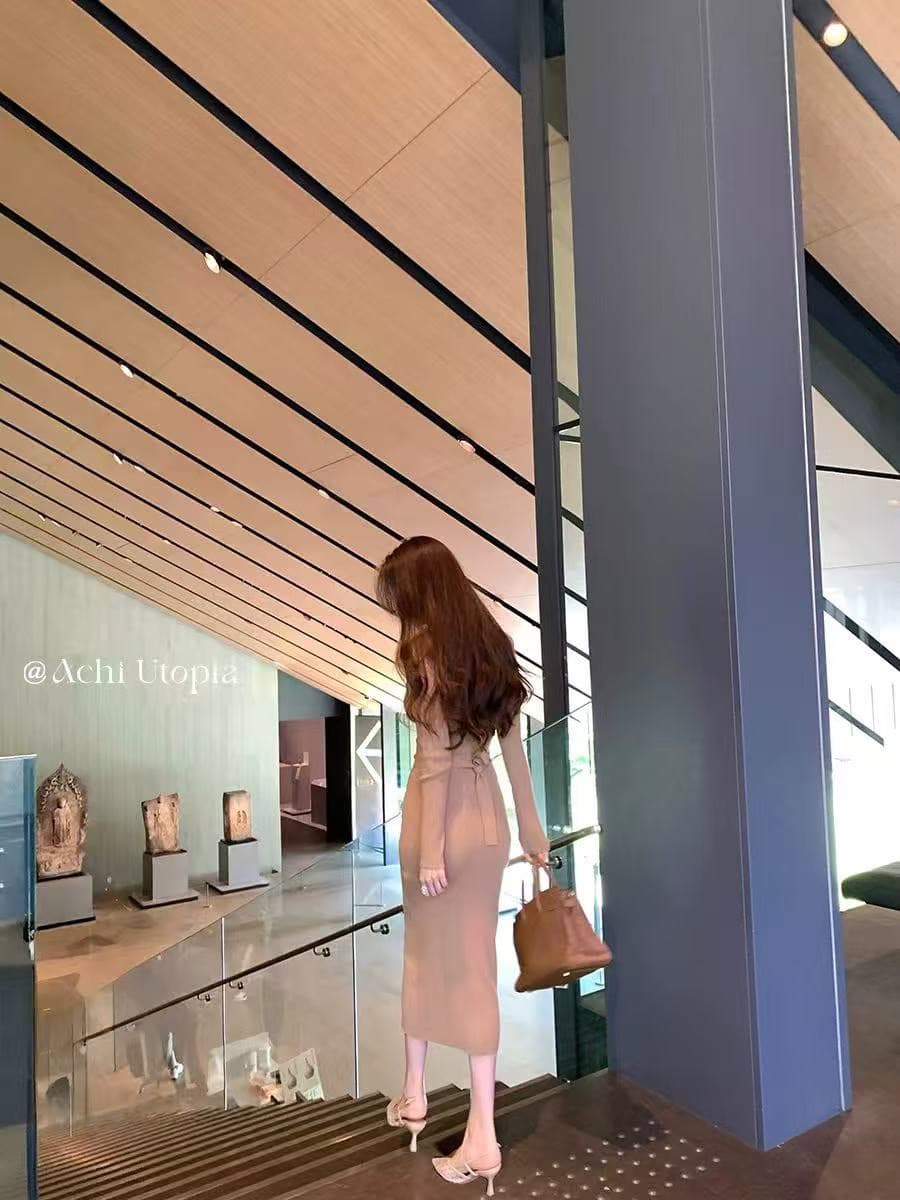 achi 대 또한 수영장 양모 V넥 니트 여성 드레스 가스 질감 허리 수축 타이트 스커트 롱 스커트 몸매 가꾸기 바지 스커트 이미지 3