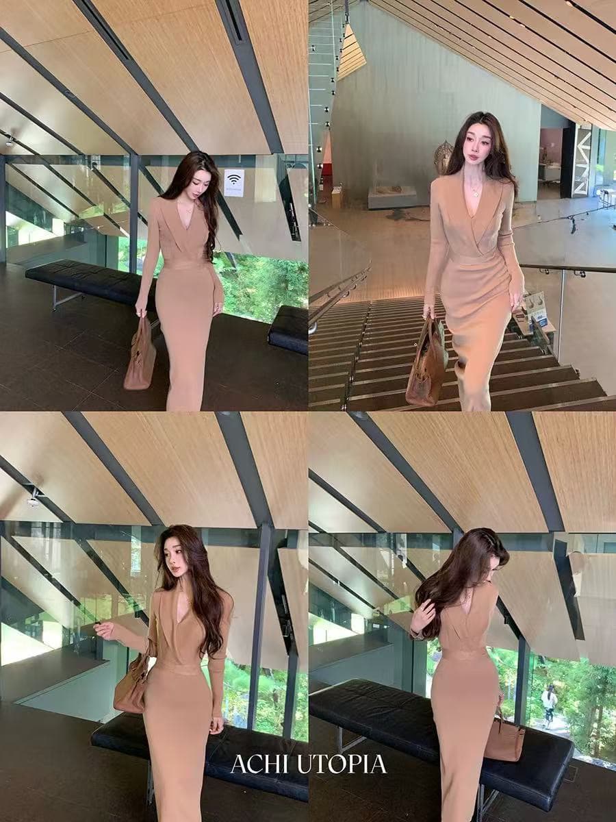 achi 대 또한 수영장 양모 V넥 니트 여성 드레스 가스 질감 허리 수축 타이트 스커트 롱 스커트 몸매 가꾸기 바지 스커트 상세 이미지 3