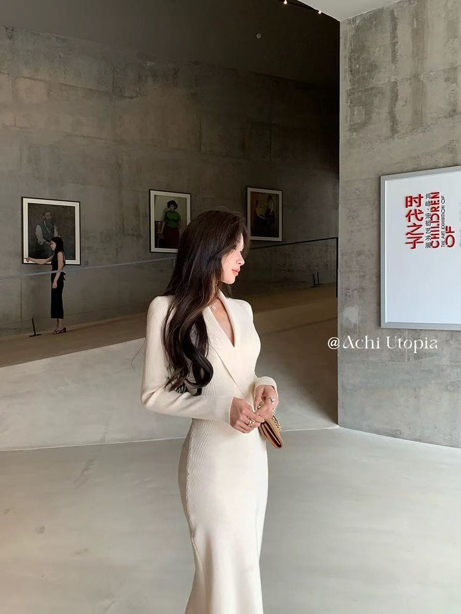 achi 대 또한 수영장 양모 V넥 니트 여성 드레스 가스 질감 허리 수축 타이트 스커트 롱 스커트 몸매 가꾸기 바지 스커트 상세 이미지 4