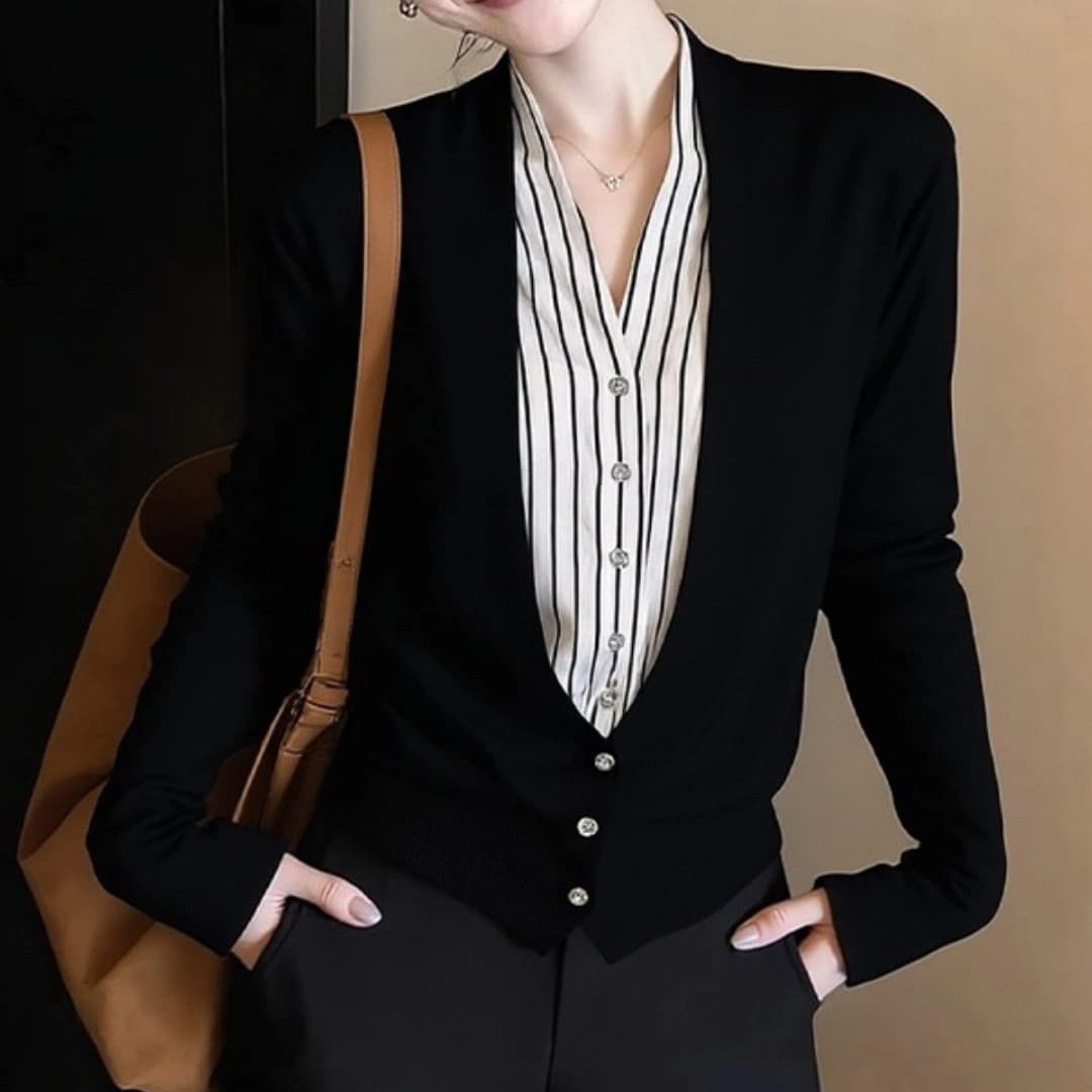 한 부서 품격 검정색 페이크 레이어드 V넥 길다 오픈 가디건 여성 가을 착용 가져 가라. 고유 한 아름다운 고급 센스 쇼트 스타일 맨위 상세 이미지 4