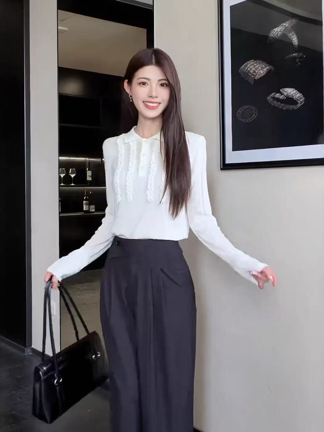 프랑스식 프릴 폴로 칼라 긴팔 니트 스웨터 여성 2026 조기 가을 새로운 한 부서 미니멀리즘 연령 감소 다용도 맨위 이미지 2