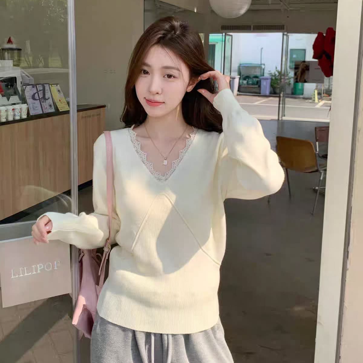 부드러운 바람 V넥 레이스 니트 스웨터 스웨터 여자 봄 가을 Chic 인사이드 가져 가라. 기본 셔츠 작은 키 긴팔 맨위 이미지 5