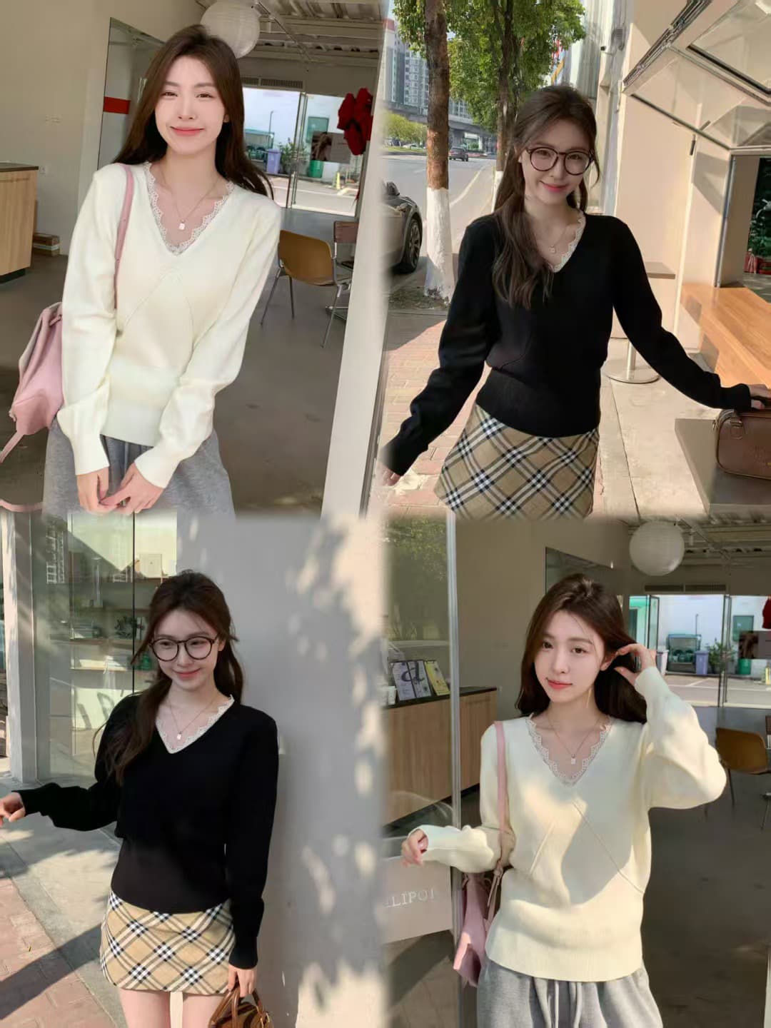 부드러운 바람 V넥 레이스 니트 스웨터 스웨터 여자 봄 가을 Chic 인사이드 가져 가라. 기본 셔츠 작은 키 긴팔 맨위 상세 이미지 1