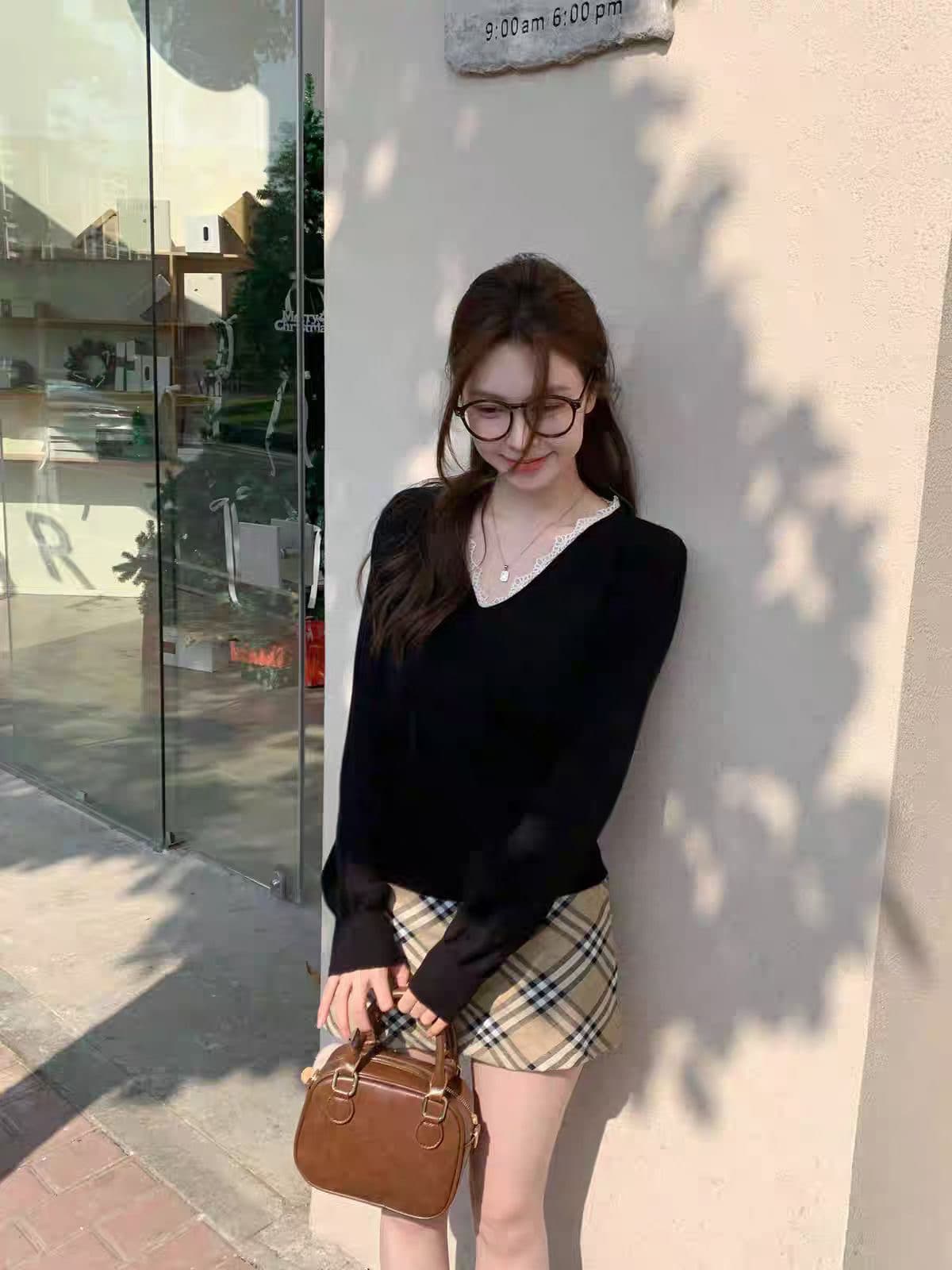 부드러운 바람 V넥 레이스 니트 스웨터 스웨터 여자 봄 가을 Chic 인사이드 가져 가라. 기본 셔츠 작은 키 긴팔 맨위 상세 이미지 3