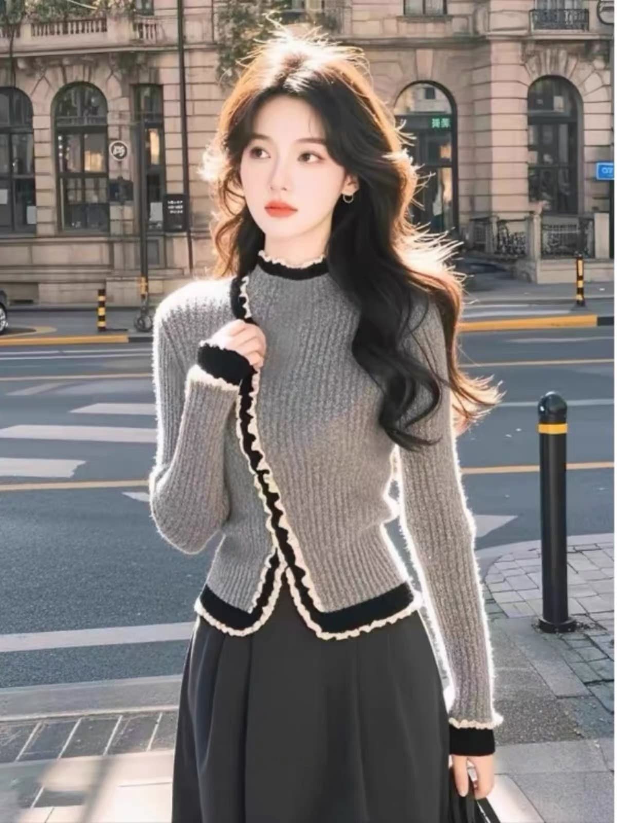 작은 대중 아니요 명중 섹션 인사이드 가져 가라. 기본 셔츠 여성 가을 겨울 품격 명문 여성 레이스 조각 니트 스웨터 긴팔 세련된 맨위 상세 이미지 3
