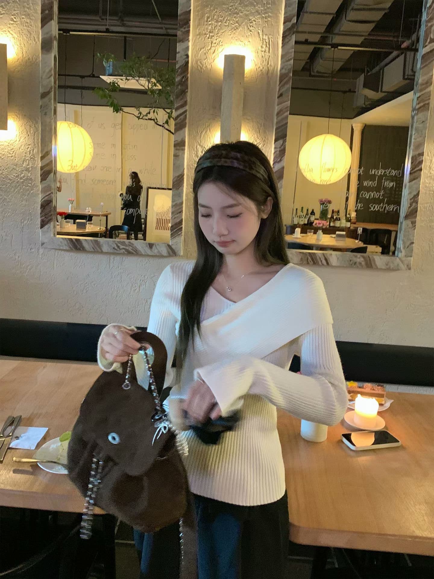 품격 핑크색 십자가 V넥 니트 스웨터 여성 겨울 몸매 가꾸기 슬림해 보이는 인사이드 가져 가라. 기본 셔츠 긴팔 맨위 새로운 이미지 3