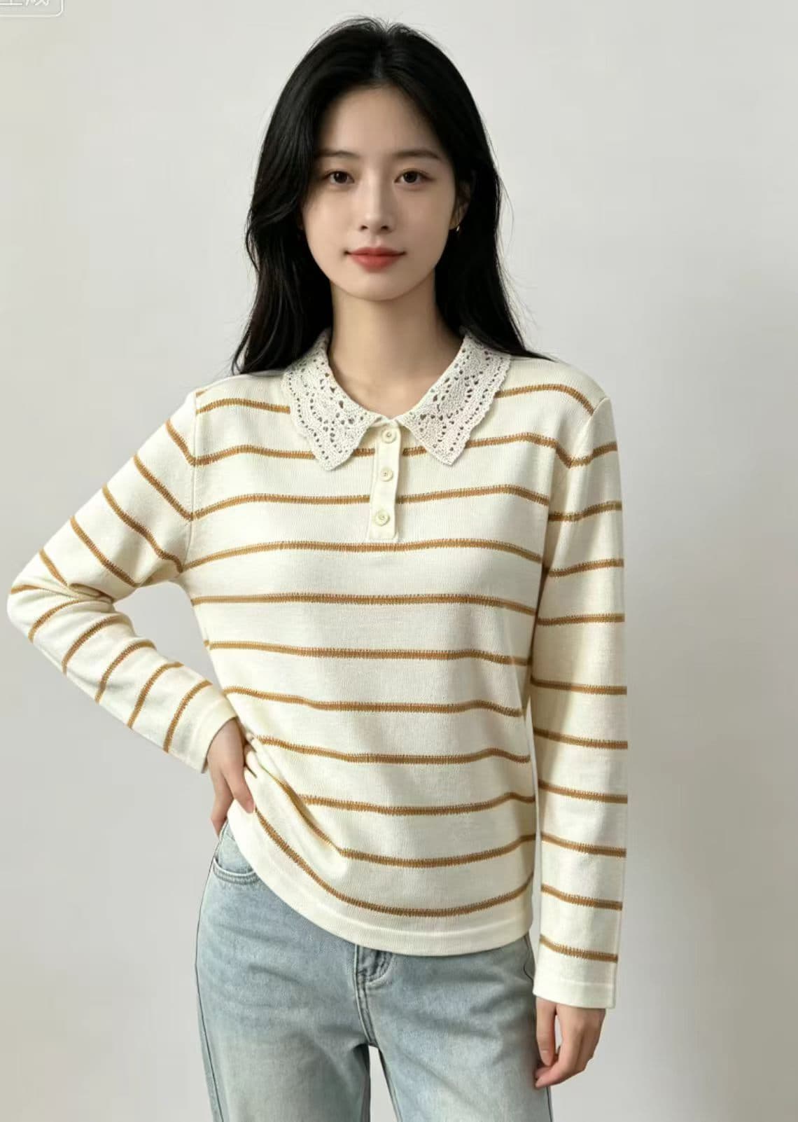 2026 가을 새로운 한 부서 루즈핏 슬림해 보이는 폴로 칼라 스트라이프 얇은 양모 니트 여성 다용도 맨위 상세 이미지 5