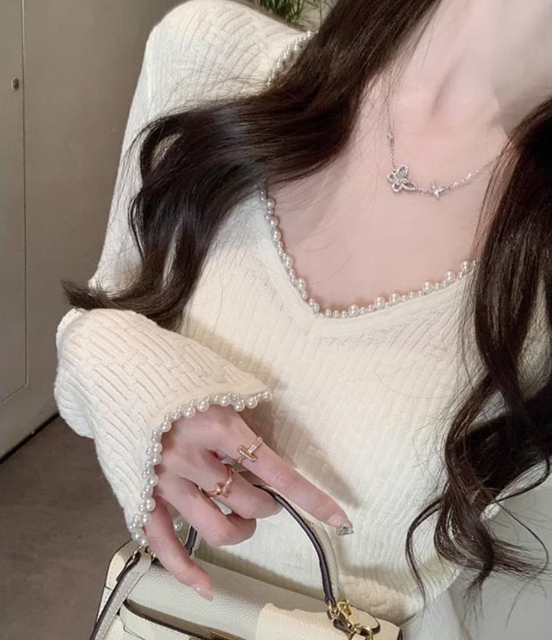 새로운 프랑스식 레트로 비즈 박기 니트 기본 셔츠 풀오버 몸매 가꾸기 스웨터 여자 상세 이미지 1