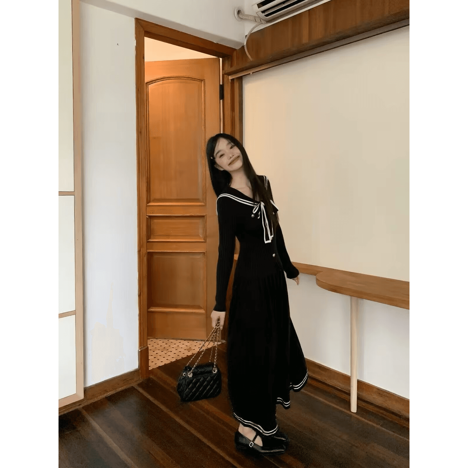 해군 칼라 니트 스웨터 한 마디 반신 스커트 작은 샤넬 스타일 세트 여성 봄 가을 몸매 가꾸기 맨위 길이 이미지 5