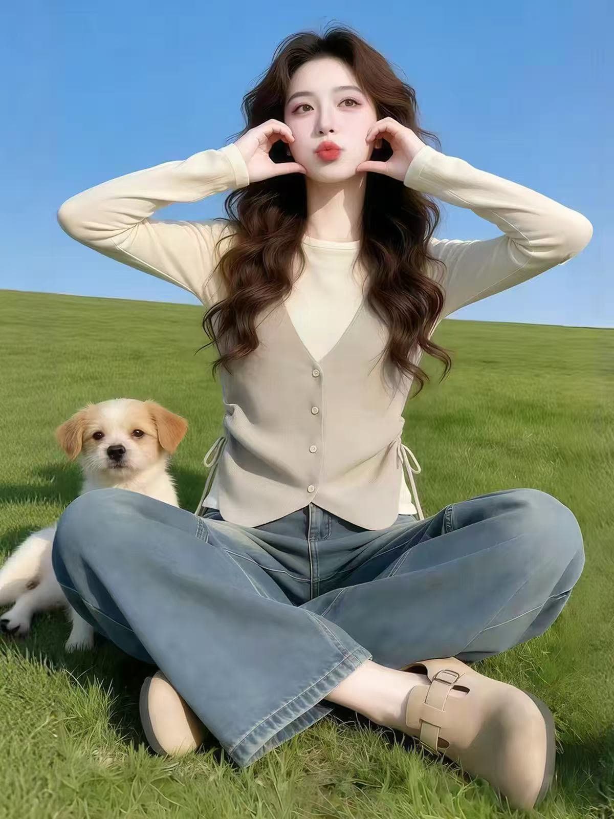 한 부서 레트로 배색 페이크 레이어드 니트 펌프 로프 디자인 센스 허리 수축 풀오버 긴팔 이미지 2