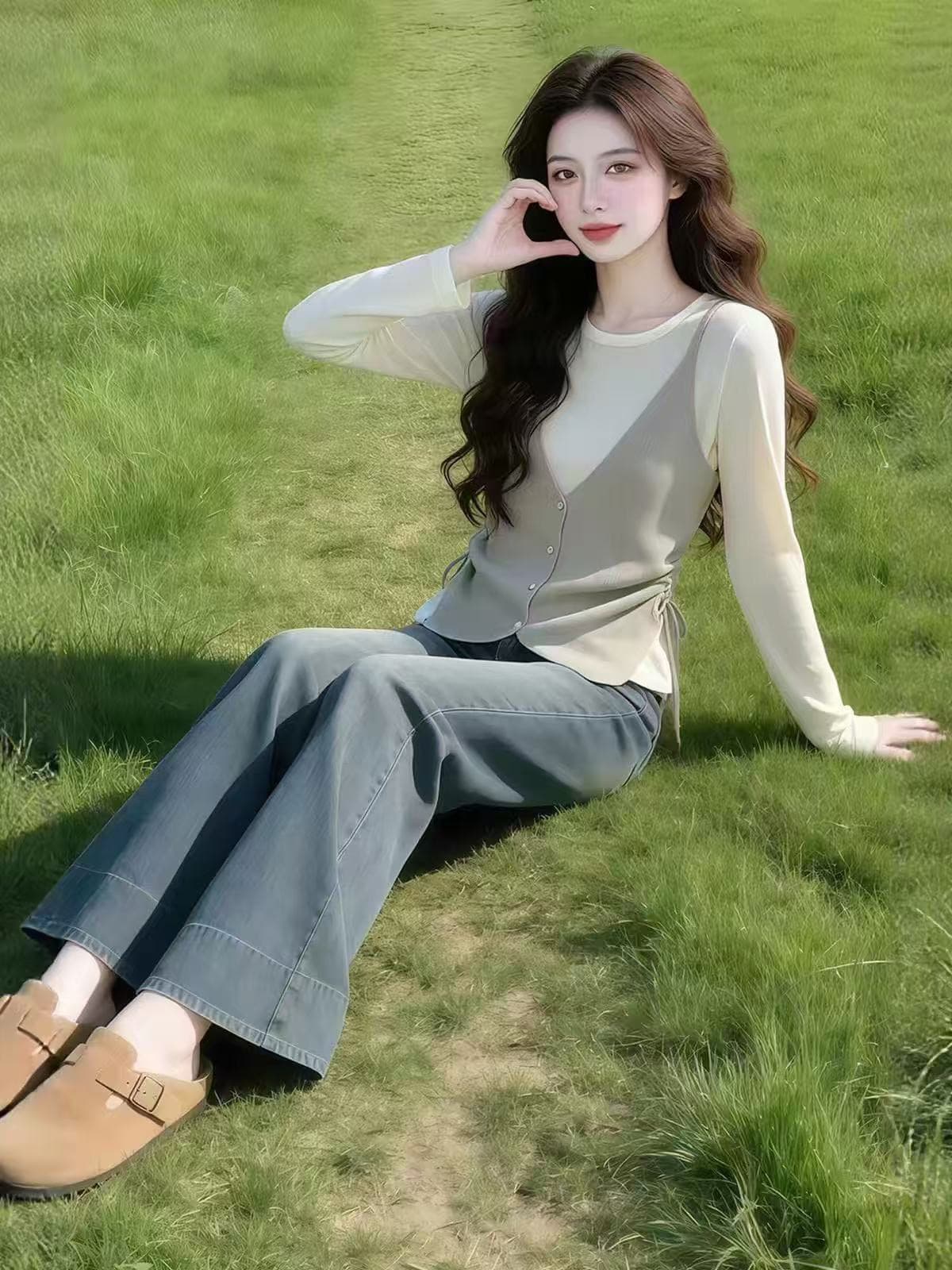 한 부서 레트로 배색 페이크 레이어드 니트 펌프 로프 디자인 센스 허리 수축 풀오버 긴팔 상세 이미지 1