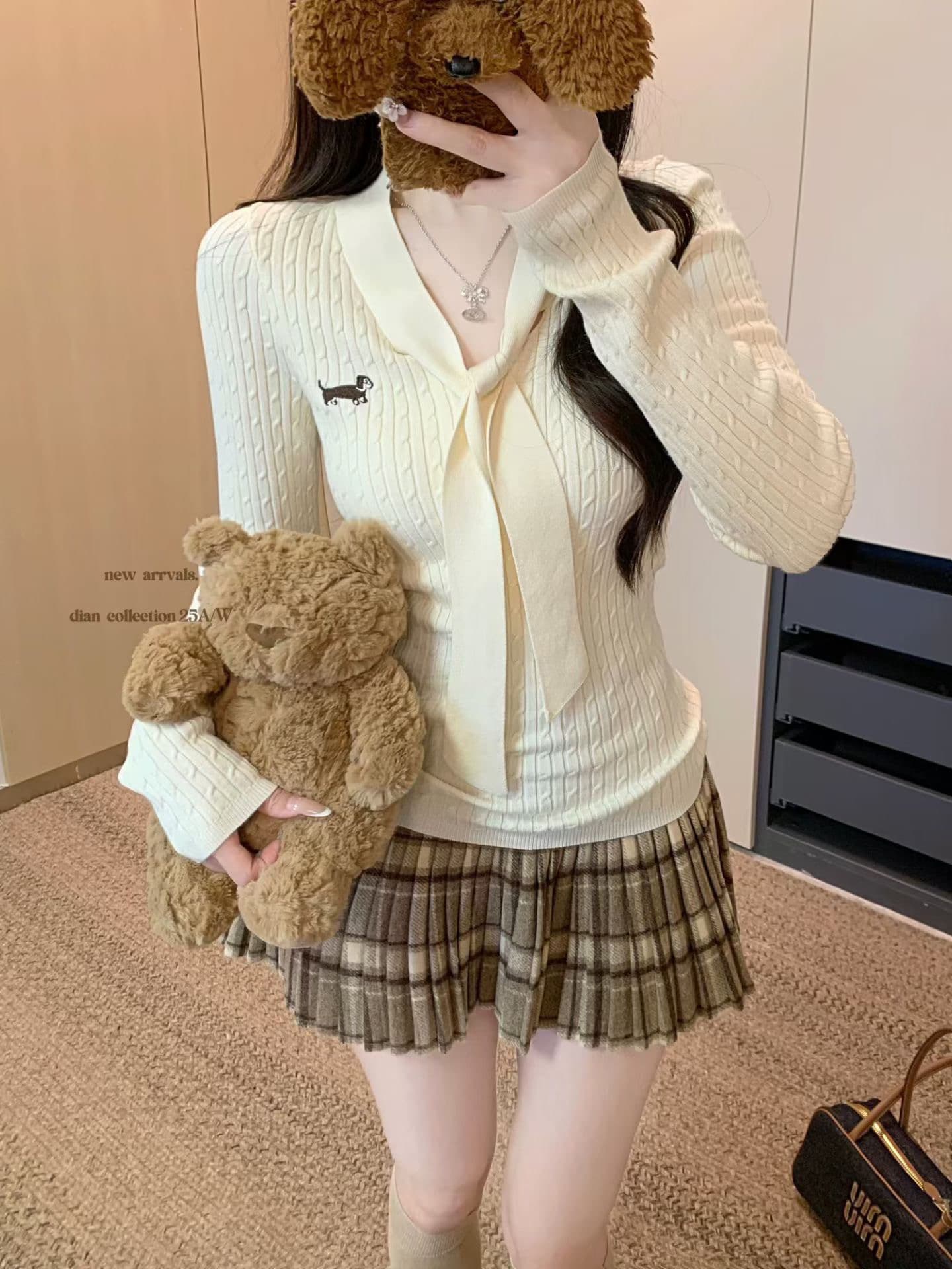 가을 겨울 한국 스타일 품격 몸매 가꾸기 V넥 레이스업 꽈배기 닥스 훈트 앤디 플러시 니트 스웨터 스웨터 상세 이미지 1