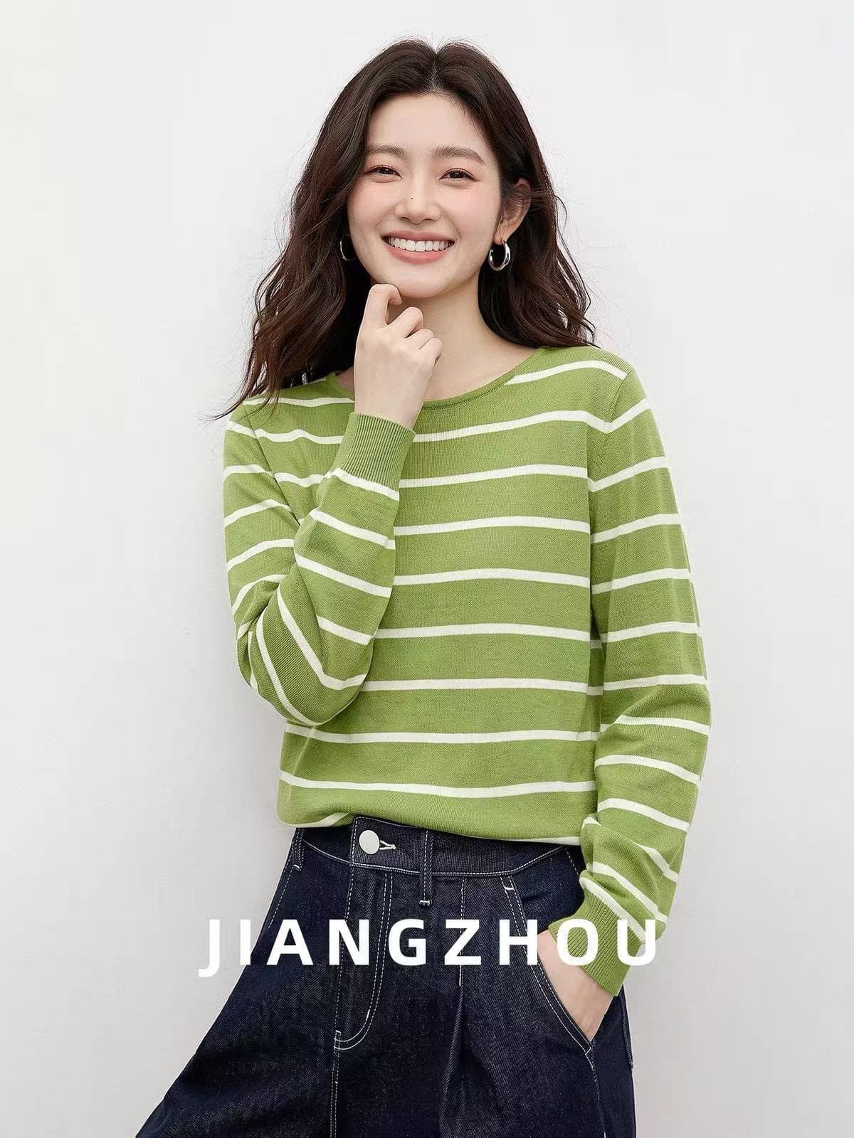 강 대륙 jiangz 가을 새로운 캐주얼 다용도 녹색 스트라이프 긴팔 니트 티셔츠 여성 배색 라운드 넥 맨위 이미지 4