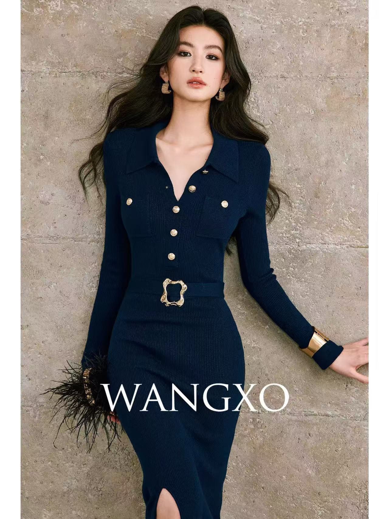 섬세한 광택 실 손 솔기 금속 버클 폴로 칼라 몸매 가꾸기 트임 드레스 한국 동대문 품격 라운드 넥 상세 이미지 1