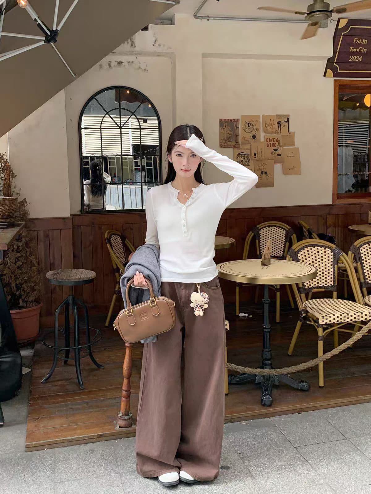 디자인 센스 볼륨 측면 헨리 칼라 출퇴근 긴팔 티셔츠 여성 이른 가을 인사이드 가져 가라. 슬림해 보이는 루즈핏 Chic 오래된 돈 바람 맨위 이미지 2
