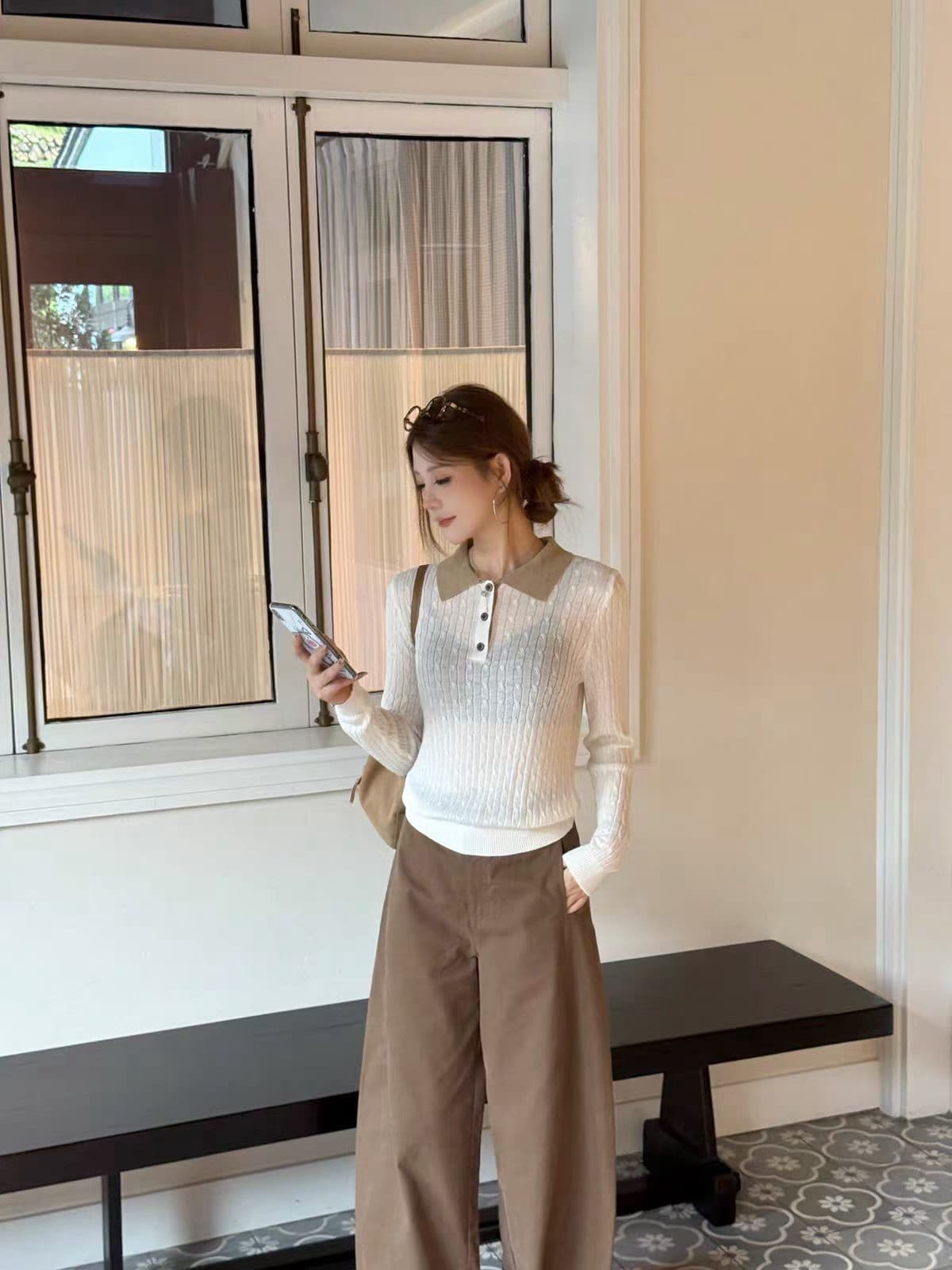 프랑스식 POLO 칼라 몸매 가꾸기 니트 스웨터 여성 2026 가을 새로운 레트로 출퇴근 긴팔 자켓 스웨터 여성 이미지 2