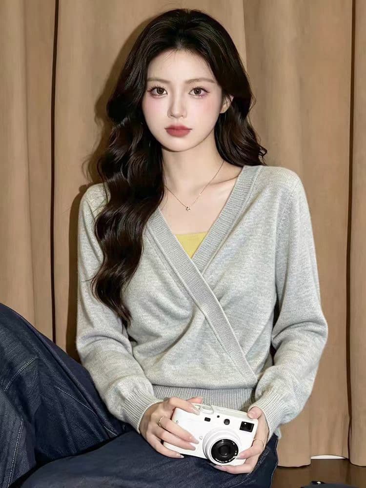 이른 가을 착용 가져 가라. 긴팔 인사이드 가져 가라. 기본 셔츠 스웨터 여자 2026 새로운 V넥 슬림해 보이는 니트 스웨터 맨위 여성 가을 상세 이미지 3