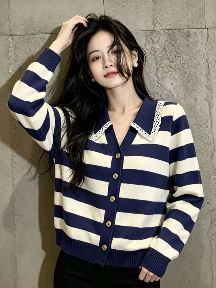 한국 스타일 느긋한 바람 패션 디자인 센스 오픈 가디건 올해 가을 새로운 긴팔 스트라이프 털 니트 스웨터 여성 의류 맨위 상세 이미지 2