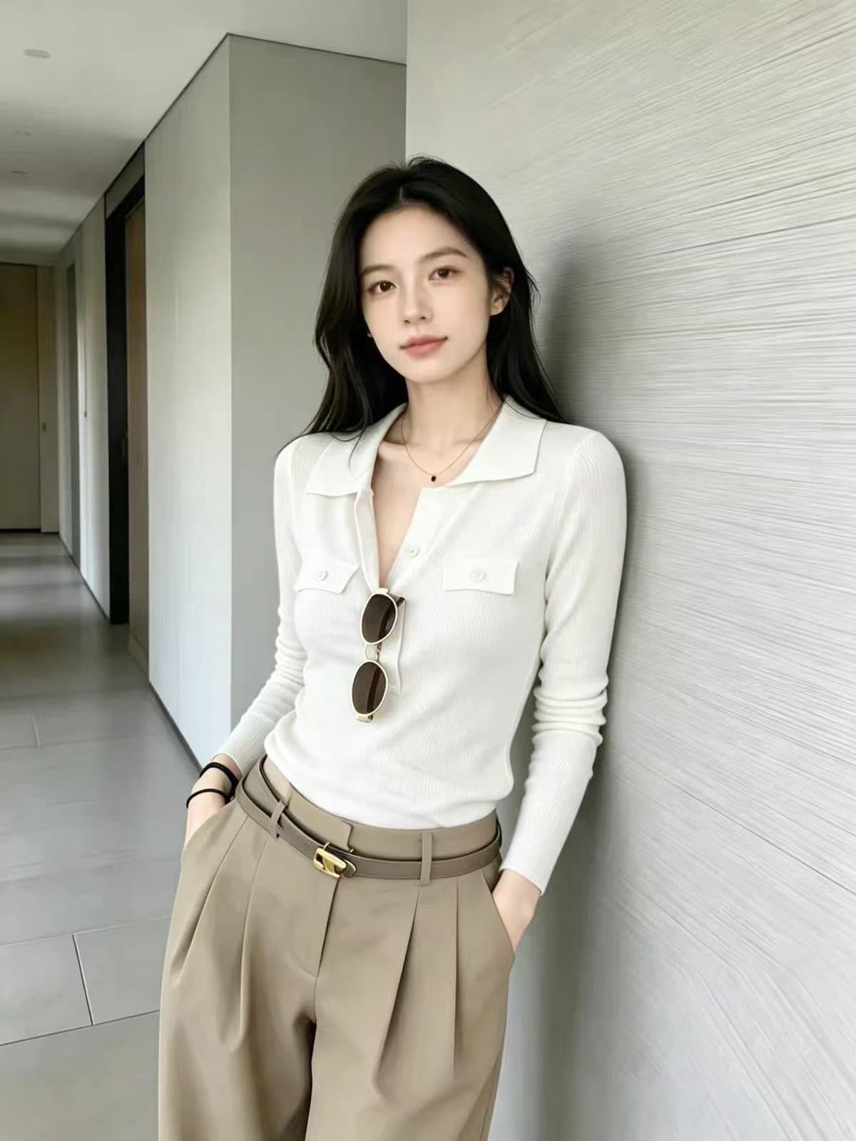 한 부서 오트밀 색상 V넥 니트 스웨터 여성 봄 가을 착용 가져 가라. 오래된 돈 바람 스웨터 POLO 셔츠 인사이드 가져 가라. 만나는 맨위 상세 이미지 9