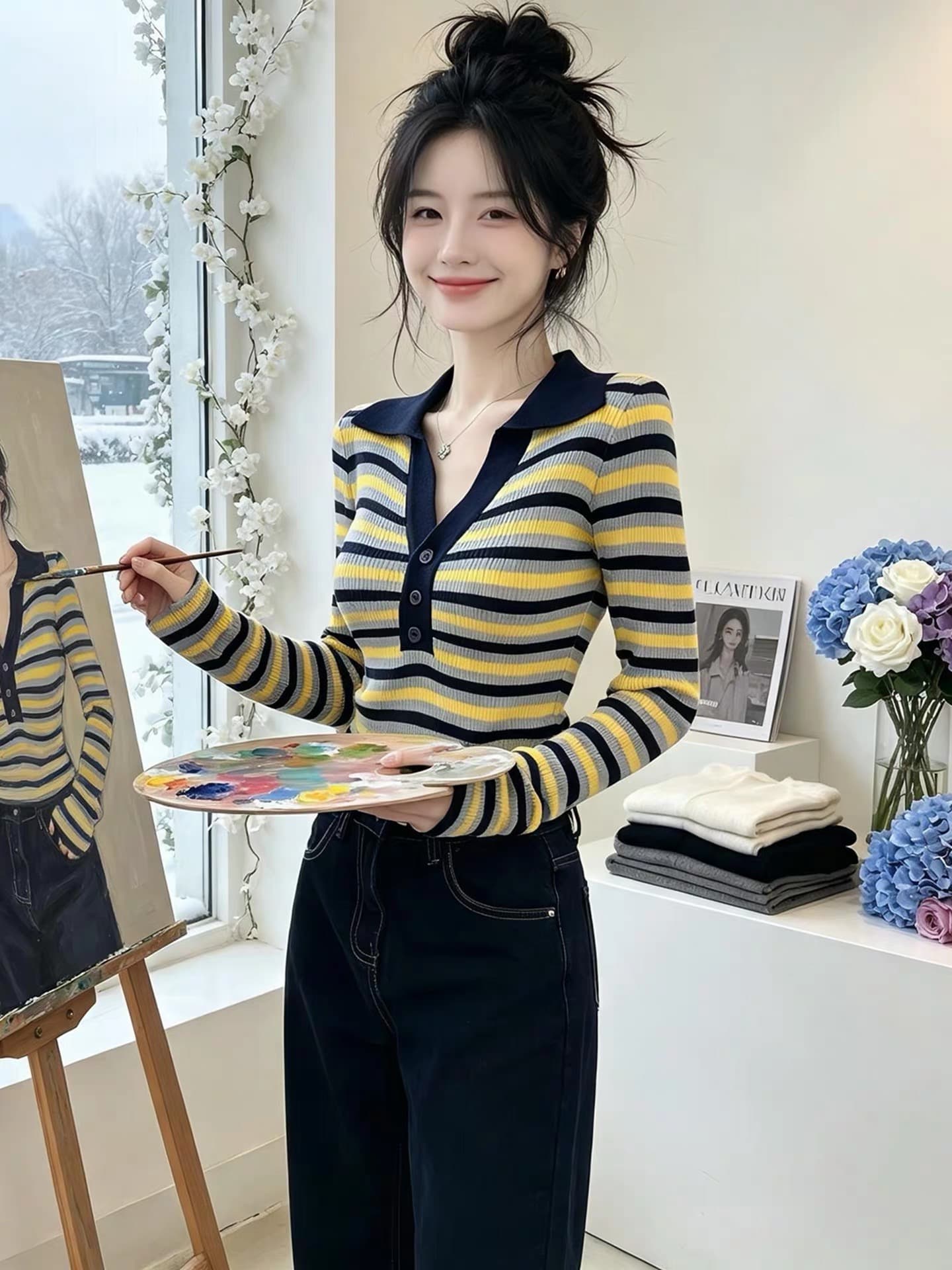 가을 겨울 긴팔 디자인 센스 몸매 가꾸기 핫걸 긴팔 기본 셔츠 순수한 욕망 부드러운 바람 폴로 칼라 스트라이프 니트 맨위