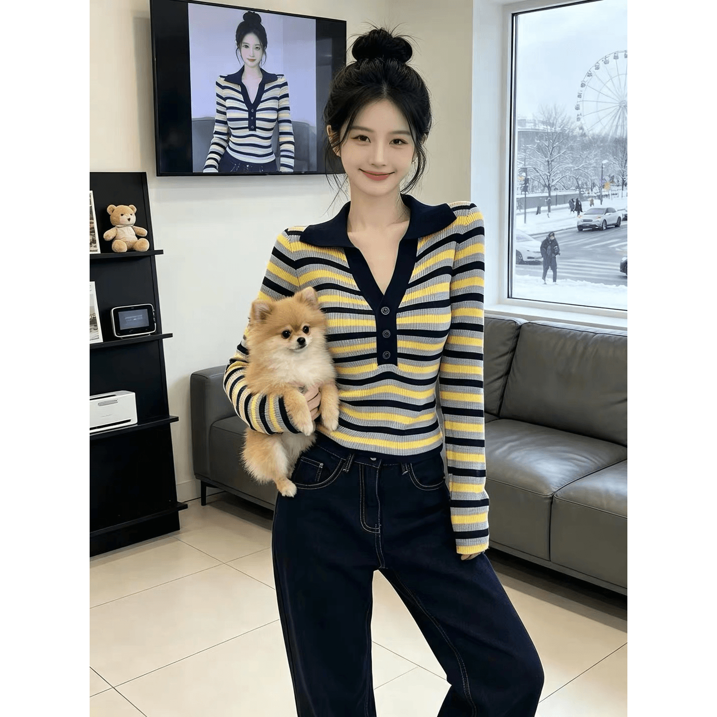 가을 겨울 긴팔 디자인 센스 몸매 가꾸기 핫걸 긴팔 기본 셔츠 순수한 욕망 부드러운 바람 폴로 칼라 스트라이프 니트 맨위 이미지 5