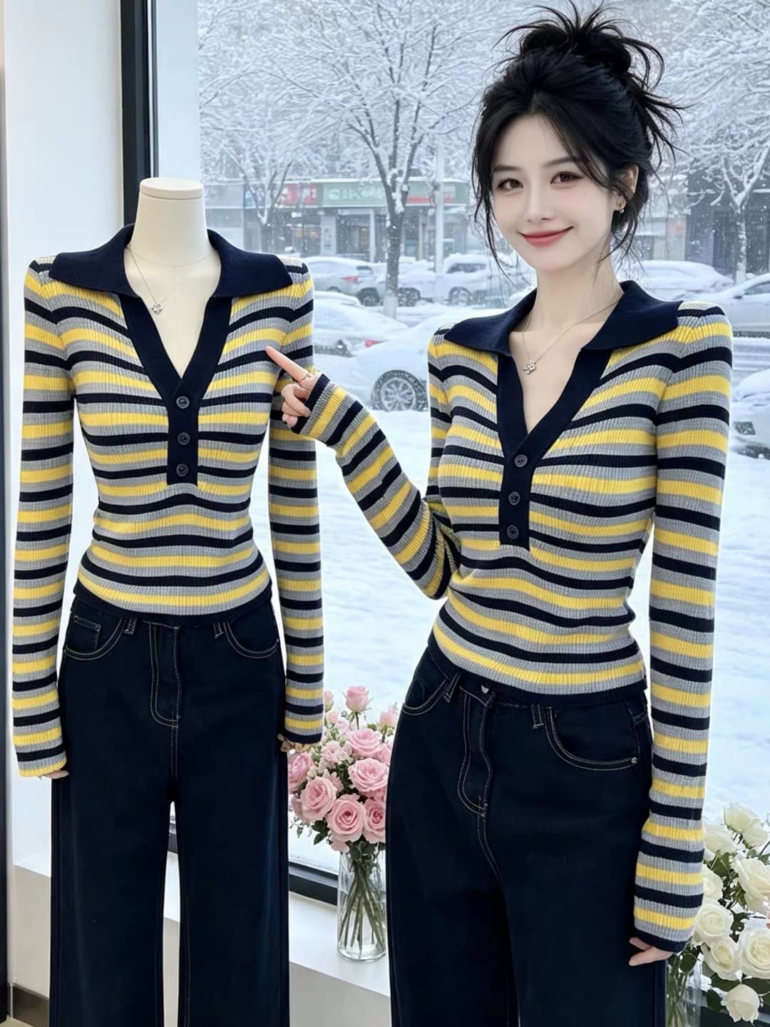 가을 겨울 긴팔 디자인 센스 몸매 가꾸기 핫걸 긴팔 기본 셔츠 순수한 욕망 부드러운 바람 폴로 칼라 스트라이프 니트 맨위 상세 이미지 1