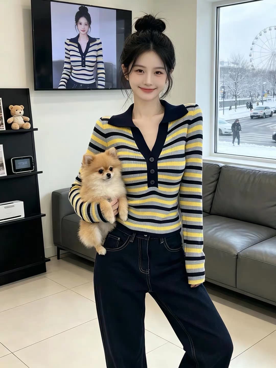가을 겨울 긴팔 디자인 센스 몸매 가꾸기 핫걸 긴팔 기본 셔츠 순수한 욕망 부드러운 바람 폴로 칼라 스트라이프 니트 맨위 상세 이미지 4