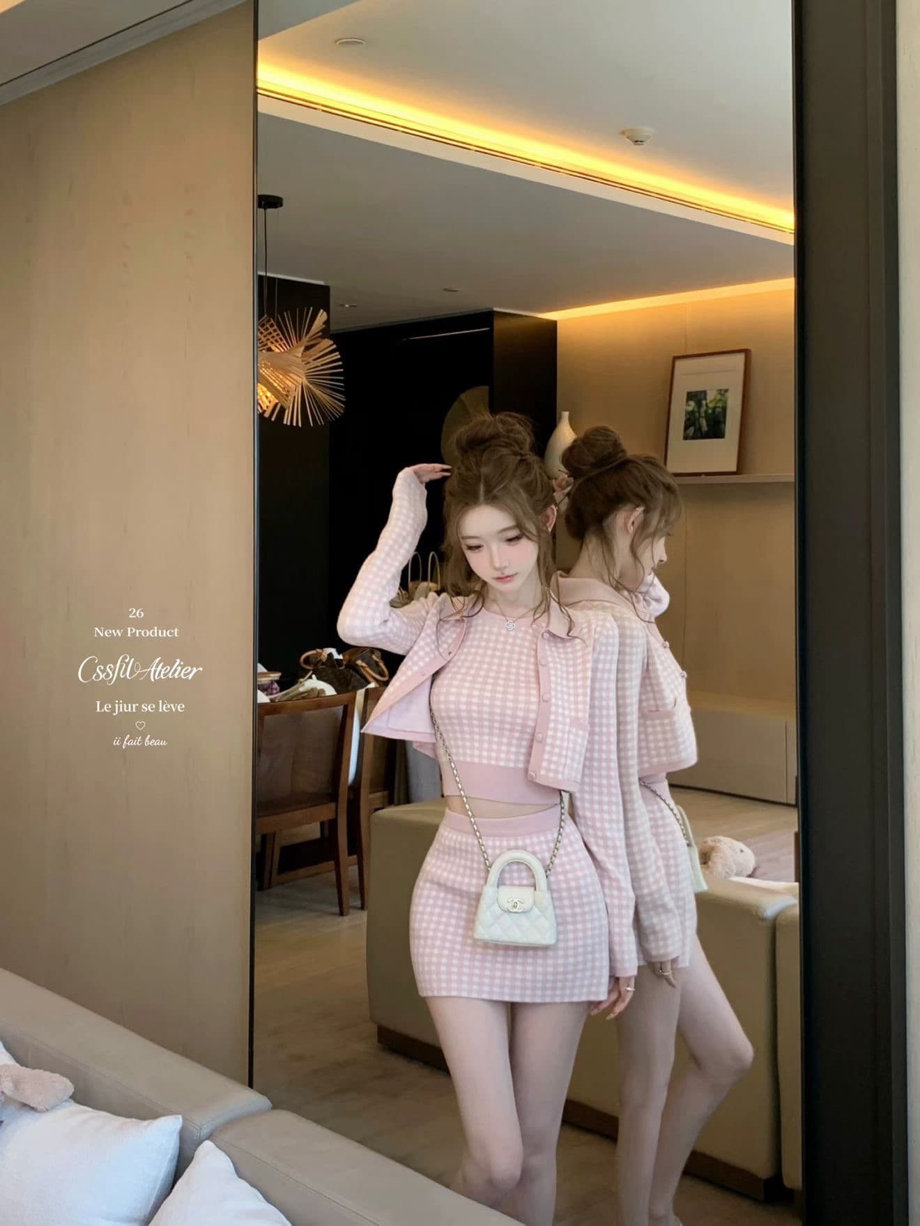 가을 새로운 바다 소금 향기로운 노래 블루 그리드 분말 그리드 오픈 가디건 조끼 반 스커트 3종 세트 세트 여성 트렌디 이미지 3