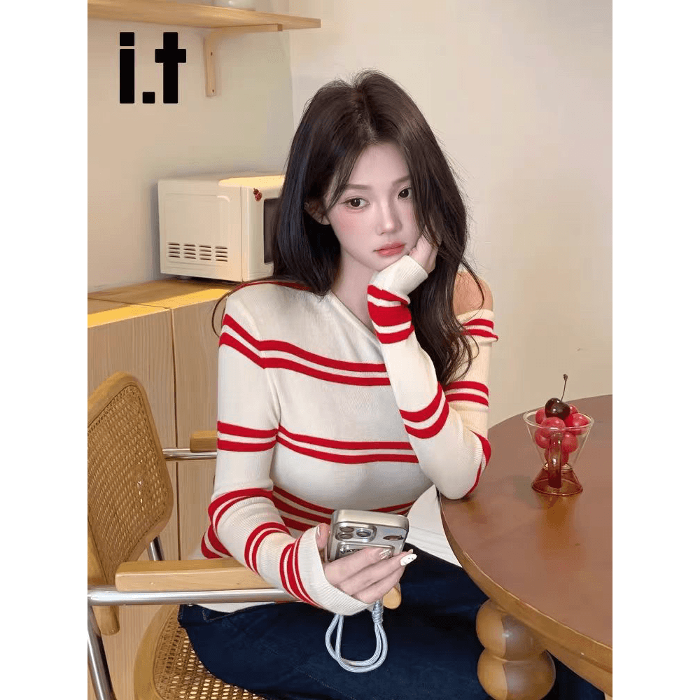 프랑스식 빨간색과 흰색 스트라이프 비스듬한 어깨 긴팔 니트 스웨터 여성 조기 가을 레트로 출퇴근 디자인 센스 슬림해 보이는 자외선 차단 맨위 이미지 5