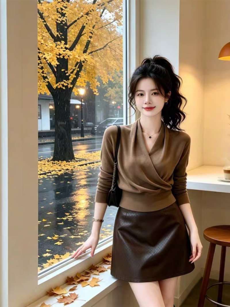 빛 요리 한 바람 십자가 V넥 긴팔 니트 스웨터 2026 가을 겨울 새로운 프랑스식 품격 고급 센스 세련된 맨위 여성 상세 이미지 2