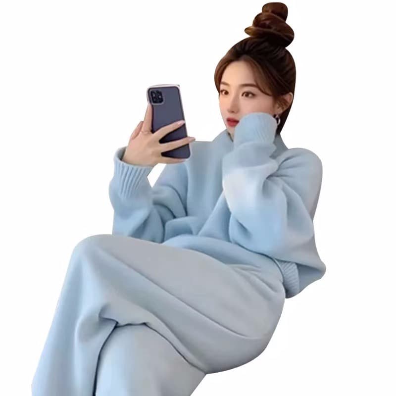 가을 겨울 고급 센스 전체 집합 부드러운 착용 가져 가라. 한 부서 느긋한 느슨함 센스 터틀넥 스웨터 스트레이트 캐주얼 바지 세트 상세 이미지 4