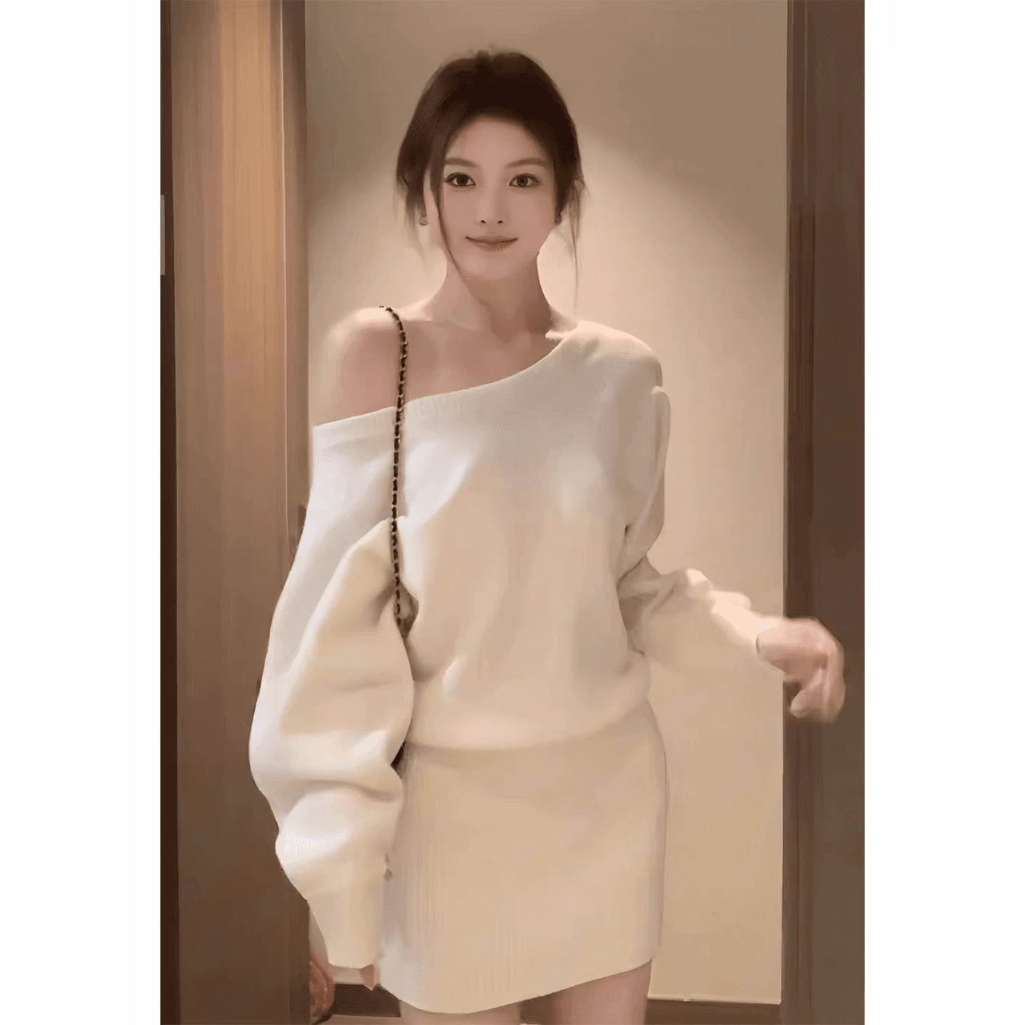 디자인 센스 작은 대중 비스듬한 칼라 오프숄더 허리 수축 타이트 스커트 드레스 26 가을 새로운 고유 한 Chic 오프숄더 후드티 드레스 이미지 5