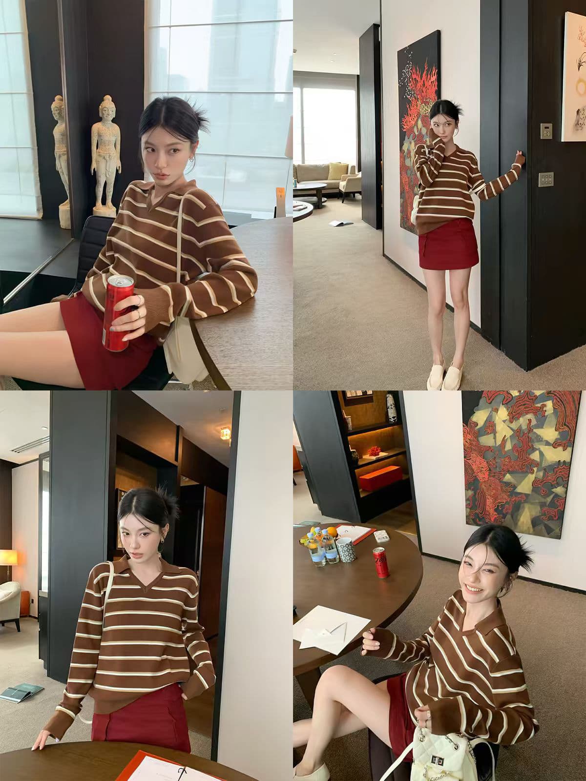 hamyiho 아메리칸 양모 스트라이프 긴팔 티셔츠 여성 가을 폴로 칼라 니트 기본 셔츠 슬림해 보이는 인사이드 잡아라. 의류 상세 이미지 1