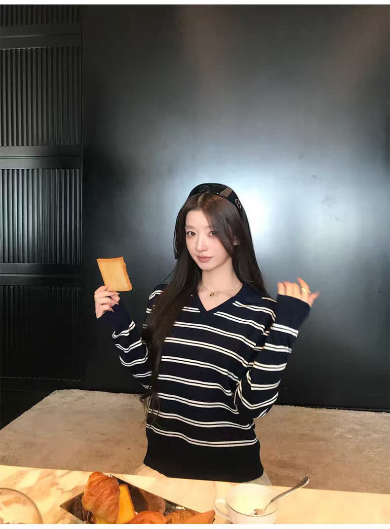 hamyiho 아메리칸 양모 스트라이프 긴팔 티셔츠 여성 가을 폴로 칼라 니트 기본 셔츠 슬림해 보이는 인사이드 잡아라. 의류 상세 이미지 8