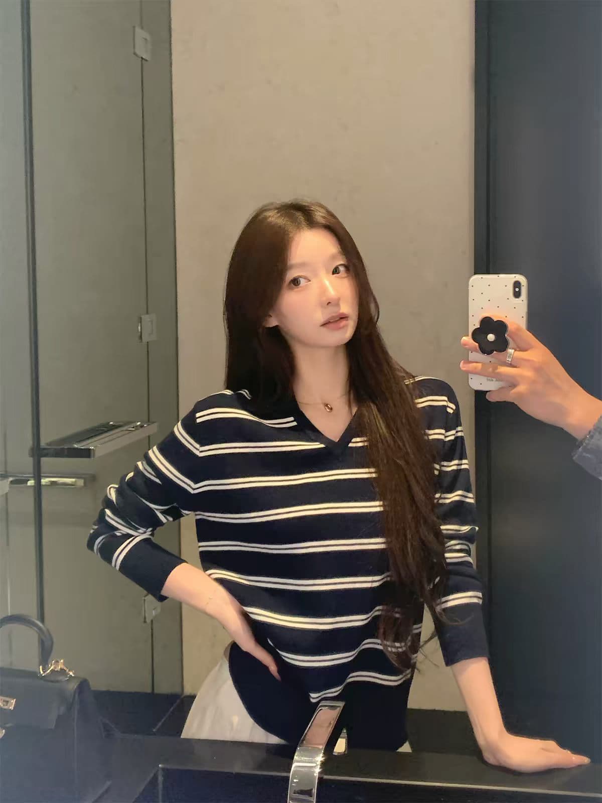 hamyiho 아메리칸 양모 스트라이프 긴팔 티셔츠 여성 가을 폴로 칼라 니트 기본 셔츠 슬림해 보이는 인사이드 잡아라. 의류 상세 이미지 9