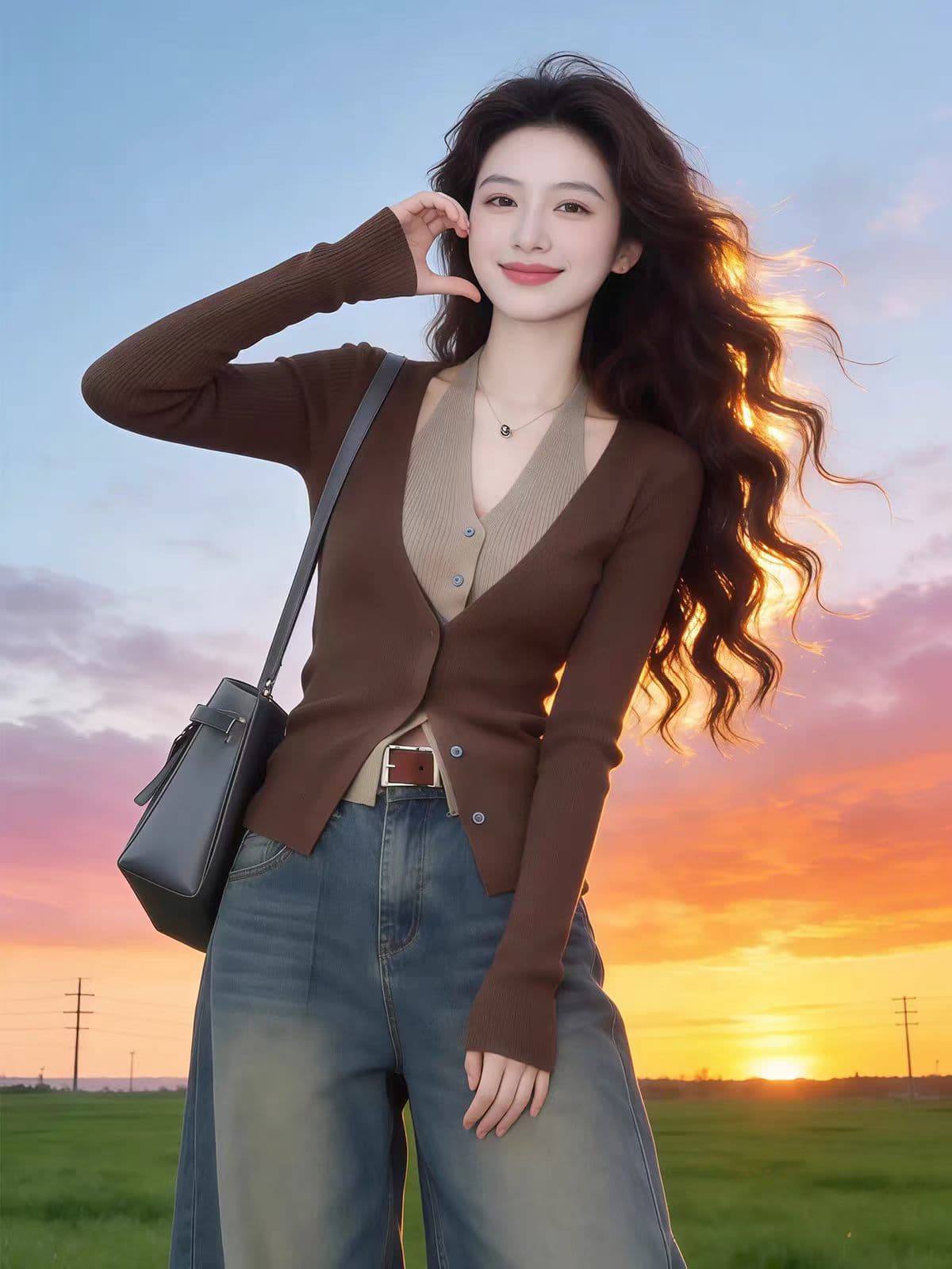 패션 한국 스타일 페이크 레이어드 반팔 티셔츠 외국 가스 여름 얇고 가벼운 패션 배색 패치워크 슬림해 보이는 작은 대중 니트 스웨터 이미지 3
