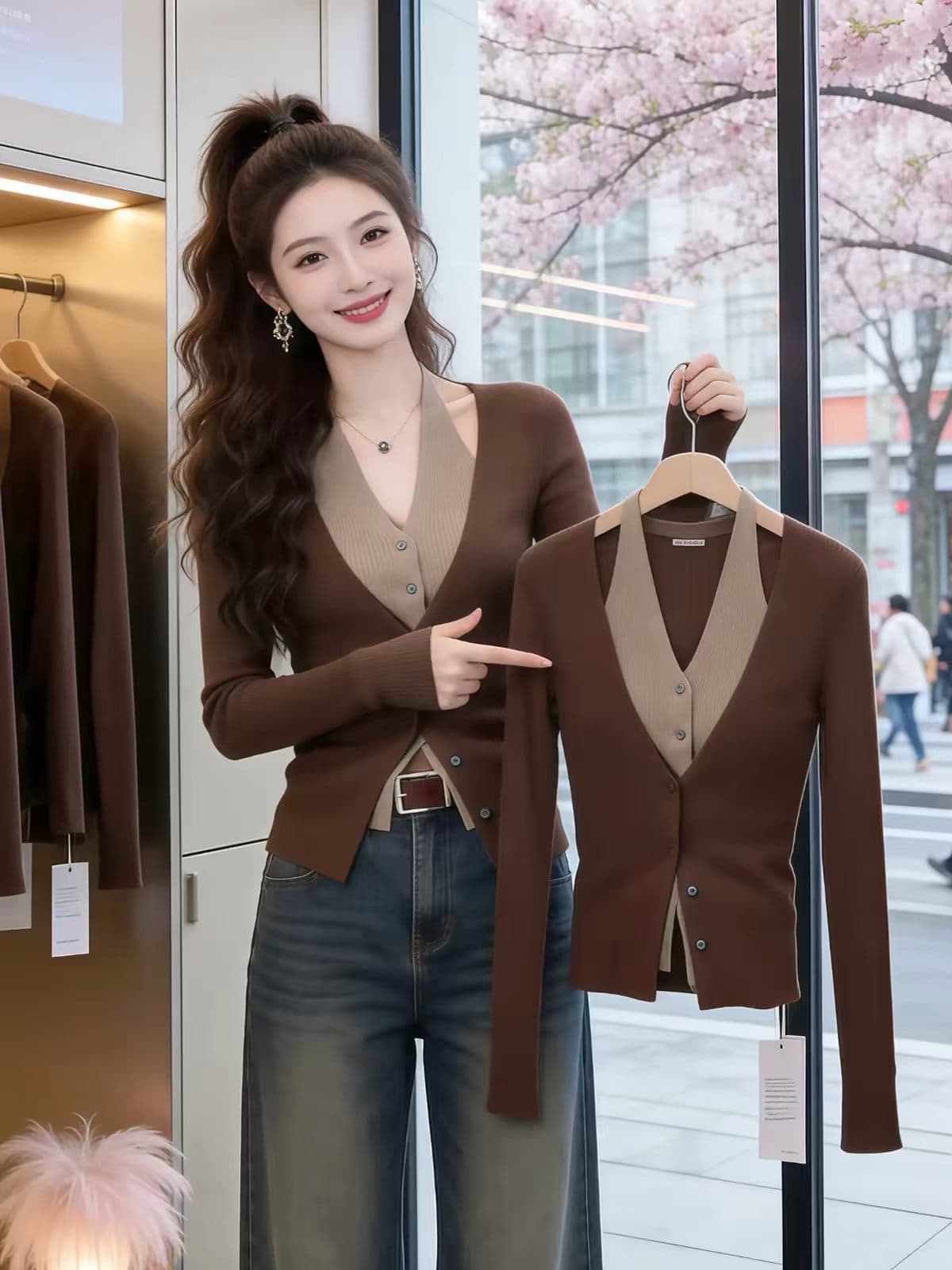 패션 한국 스타일 페이크 레이어드 반팔 티셔츠 외국 가스 여름 얇고 가벼운 패션 배색 패치워크 슬림해 보이는 작은 대중 니트 스웨터 이미지 4