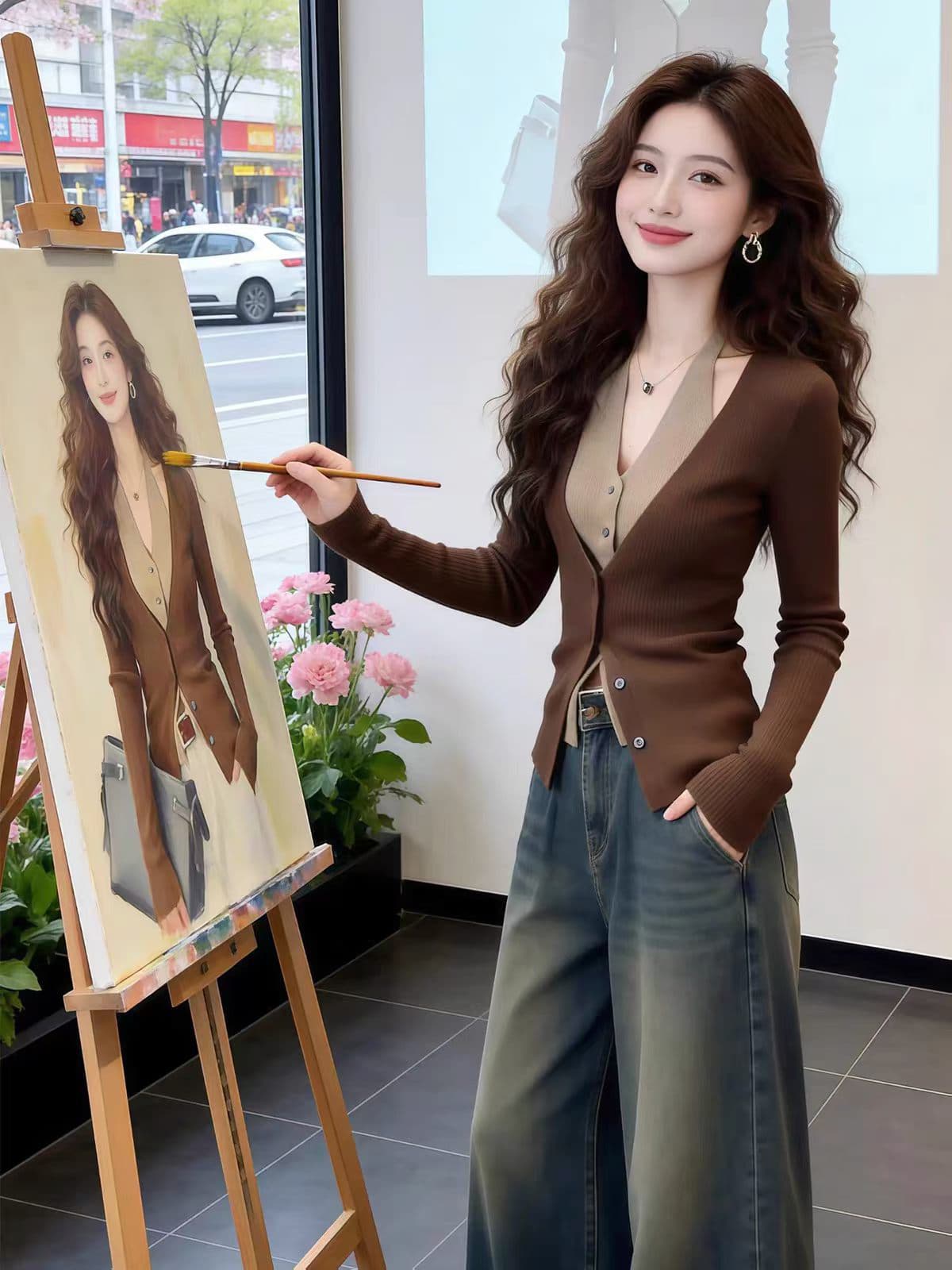 패션 한국 스타일 페이크 레이어드 반팔 티셔츠 외국 가스 여름 얇고 가벼운 패션 배색 패치워크 슬림해 보이는 작은 대중 니트 스웨터 상세 이미지 1