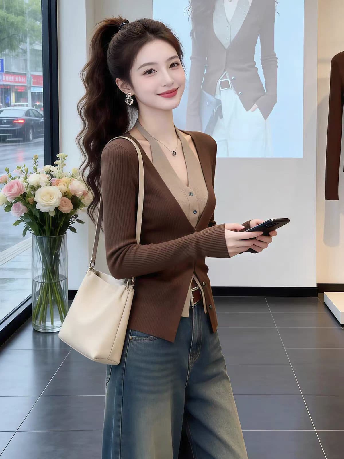 패션 한국 스타일 페이크 레이어드 반팔 티셔츠 외국 가스 여름 얇고 가벼운 패션 배색 패치워크 슬림해 보이는 작은 대중 니트 스웨터 상세 이미지 2