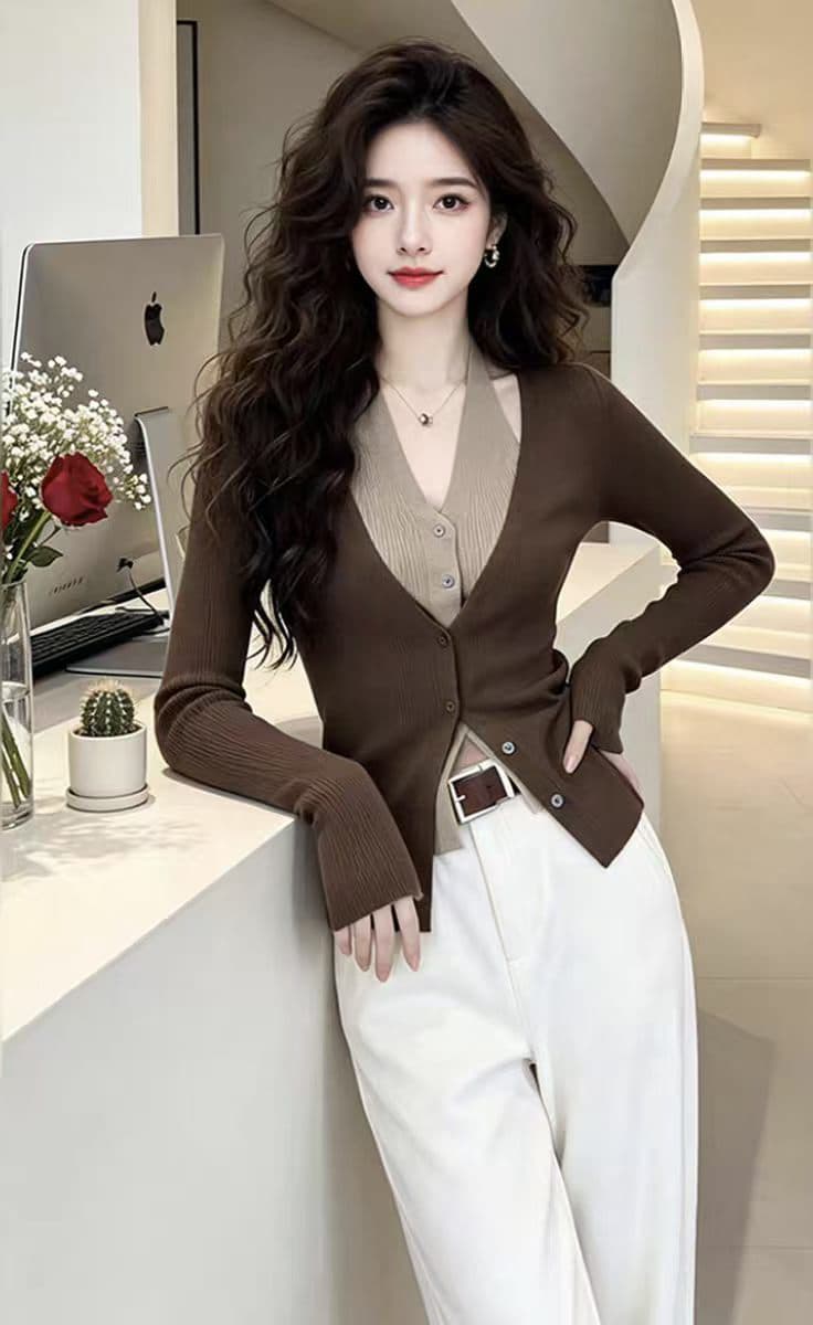 패션 한국 스타일 페이크 레이어드 반팔 티셔츠 외국 가스 여름 얇고 가벼운 패션 배색 패치워크 슬림해 보이는 작은 대중 니트 스웨터 상세 이미지 8