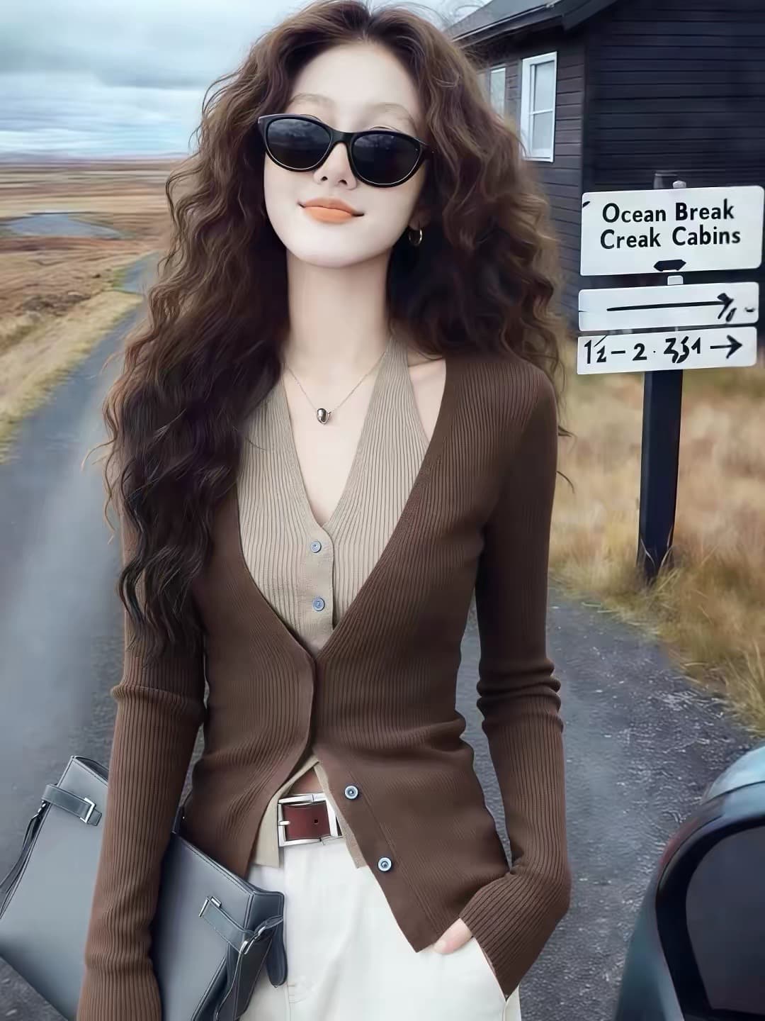 순수한 욕망 핫걸 행침 목 V넥 니트 오픈 가디건 여성 2026 가을 빅 사이즈 지방 mm 몸매 가꾸기 슬림해 보이는 페이크 레이어드 맨위 상세 이미지 6