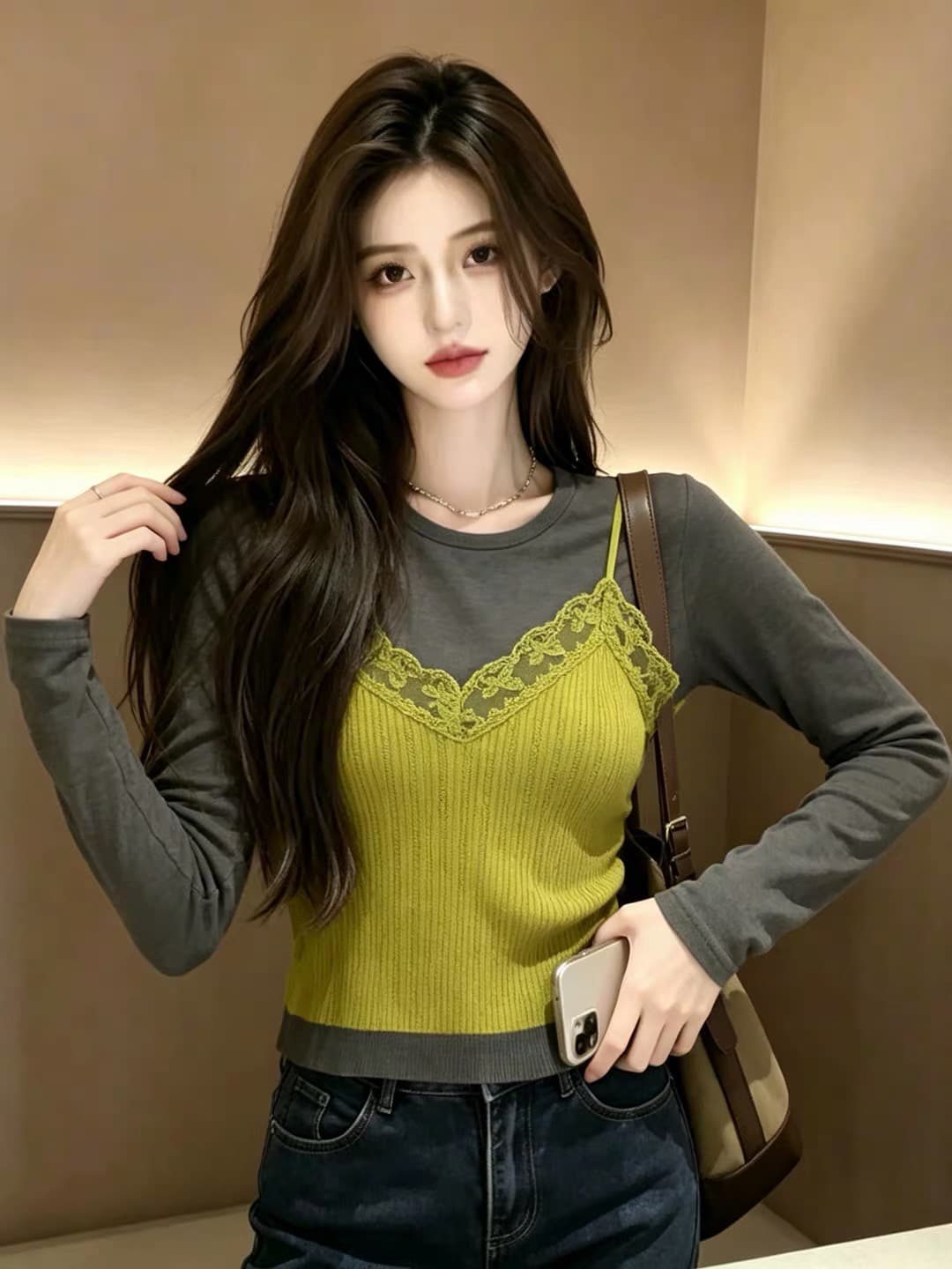 슬립 패치워크 스택 착용 페이크 레이어드 맨위 여성 2026 가을 새로운 레트로 몸매 가꾸기 슬림해 보이는 인사이드 가져 가라. 만나는 맨위 이미지 4