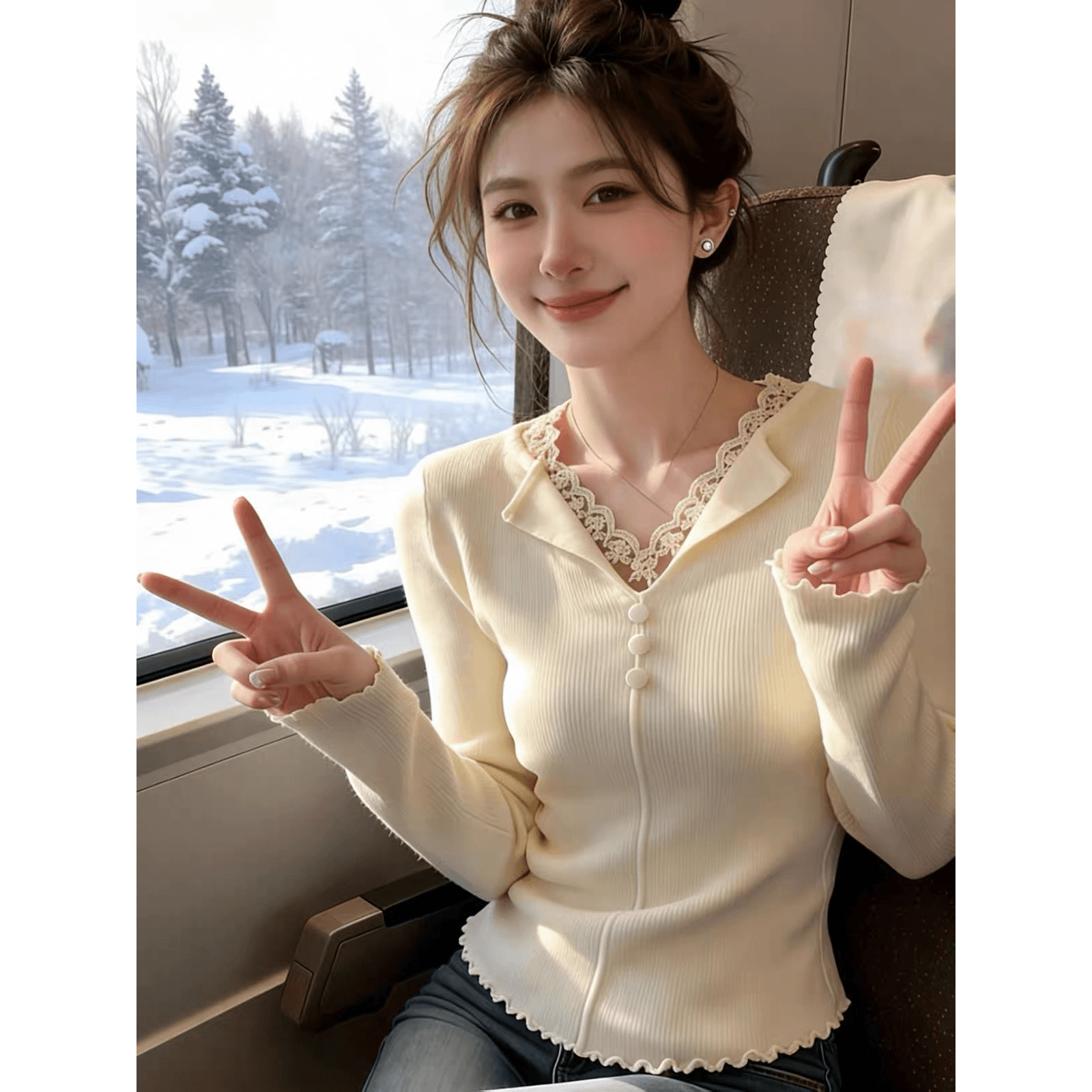 한 부서 폴로 칼라 레이스 조각 V넥 긴팔 니트 스웨터 여성 2026 봄 새로운 몸매 가꾸기 슬림해 보이는 다용도 맨위 이미지 5