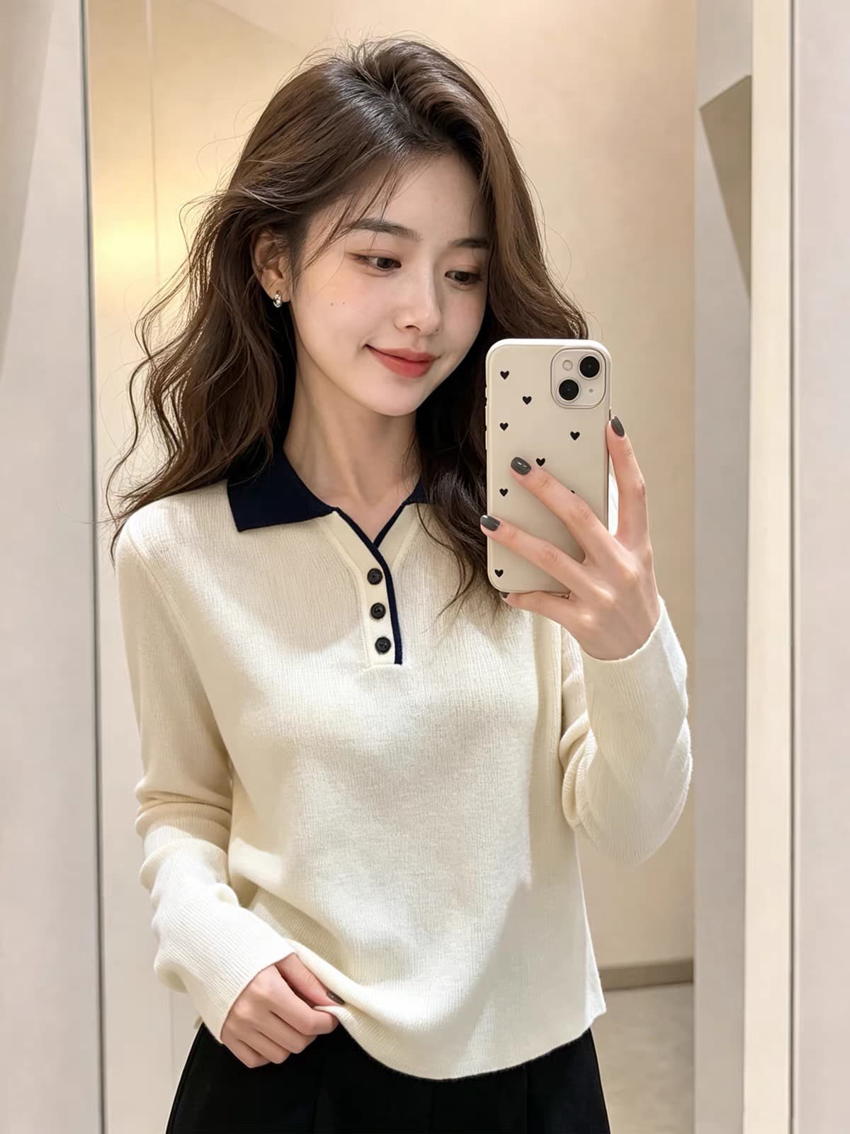 한국 스타일 배색 폴로 칼라 긴팔 니트 스웨터 여성 2026 가을 새로운 디자인 센스 작은 대중 출퇴근 몸매 가꾸기 맨위 서비스 상세 이미지 6