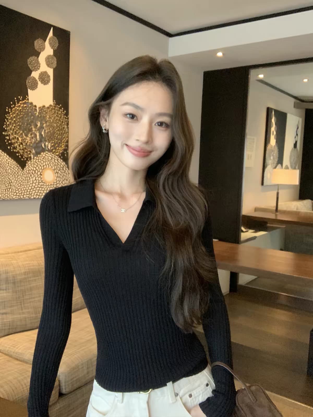 한국 chic 가을 미니멀리즘 바람 POLO 칼라 몸매 가꾸기 슬림해 보이는 다용도 단색 니트 스웨터 여성 긴 소매 만나는 맨위 상세 이미지 1