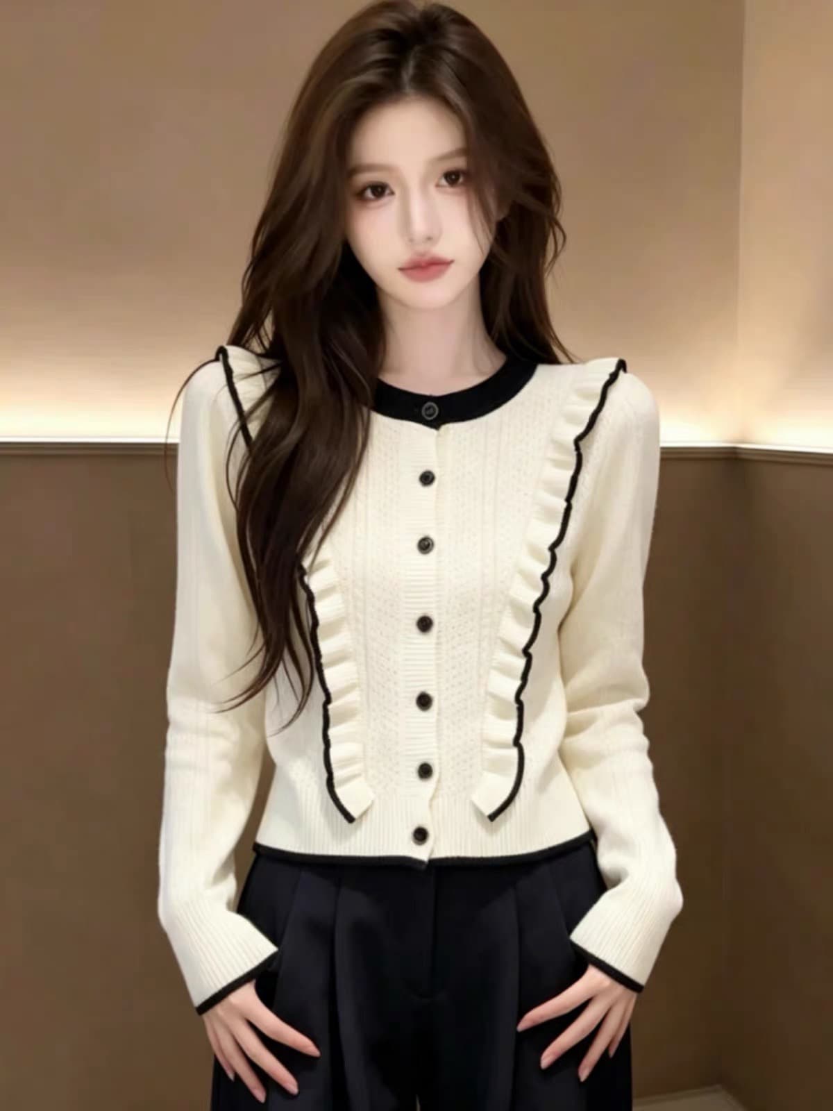 가을 착용 가져 가라. 배색 프릴 니트 스웨터 긴팔 여자 2026 새로운 한 부서 외부 가져 가라. 오픈 가디건 니트 맨위 이미지 3