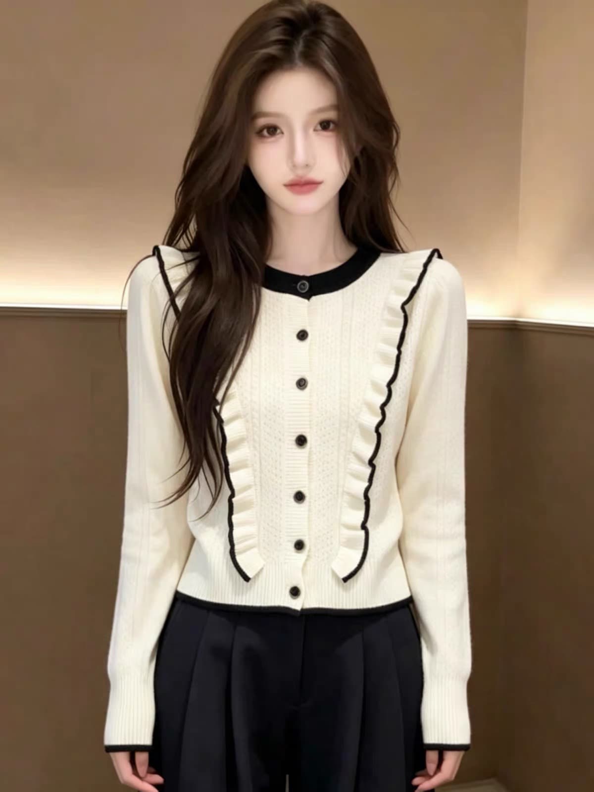 가을 착용 가져 가라. 배색 프릴 니트 스웨터 긴팔 여자 2026 새로운 한 부서 외부 가져 가라. 오픈 가디건 니트 맨위 상세 이미지 2