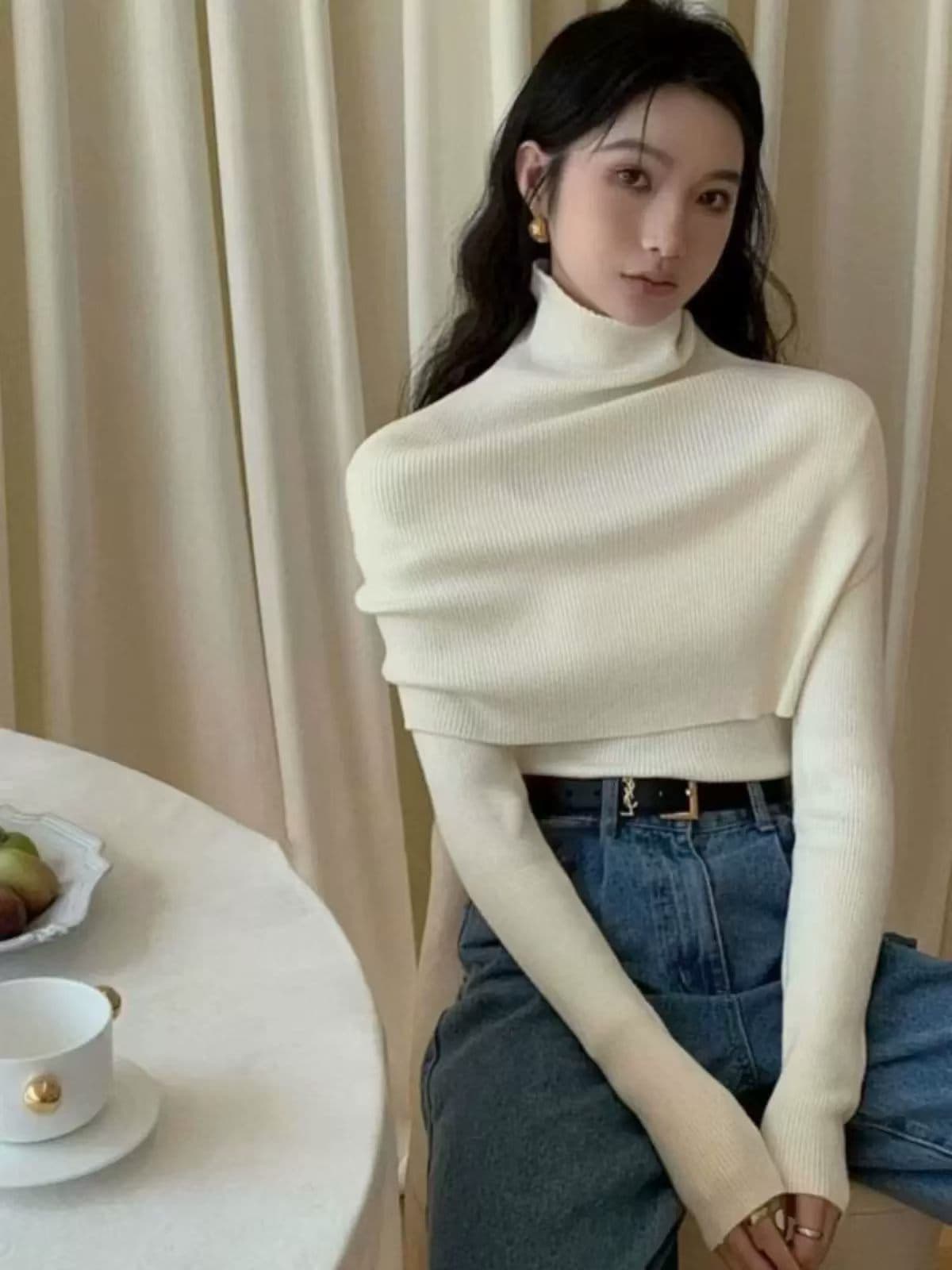 한 부서 숄 스웨터 두 조각 여성 세트 고급 센스 품격 미니멀리즘 단색 터틀넥 스택 착용 망토 기본 셔츠 세트