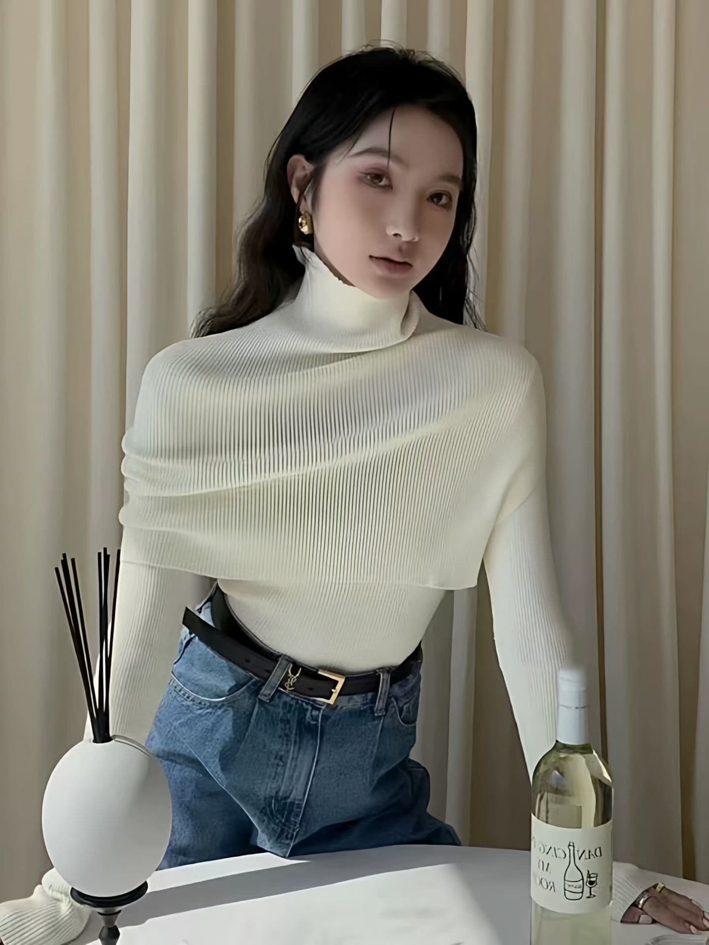 한 부서 숄 스웨터 두 조각 여성 세트 고급 센스 품격 미니멀리즘 단색 터틀넥 스택 착용 망토 기본 셔츠 세트 상세 이미지 6
